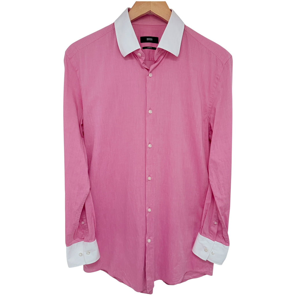 BOSS Jonnes Slim Fit Pink Contrast Collar Shirt EU39 US15.5 front