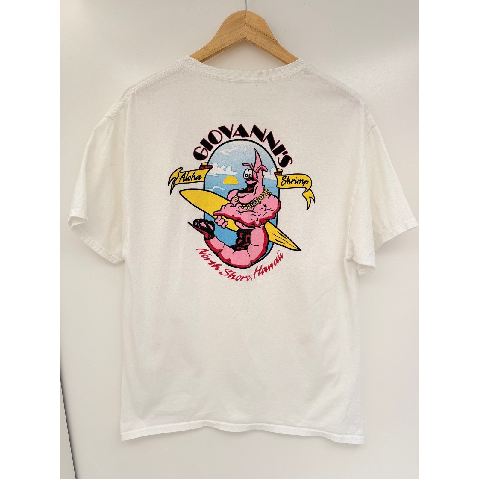 Giovannis Aloha Shrimp Hawaii Graphic T Shirt Mens Large White Surf Tee
