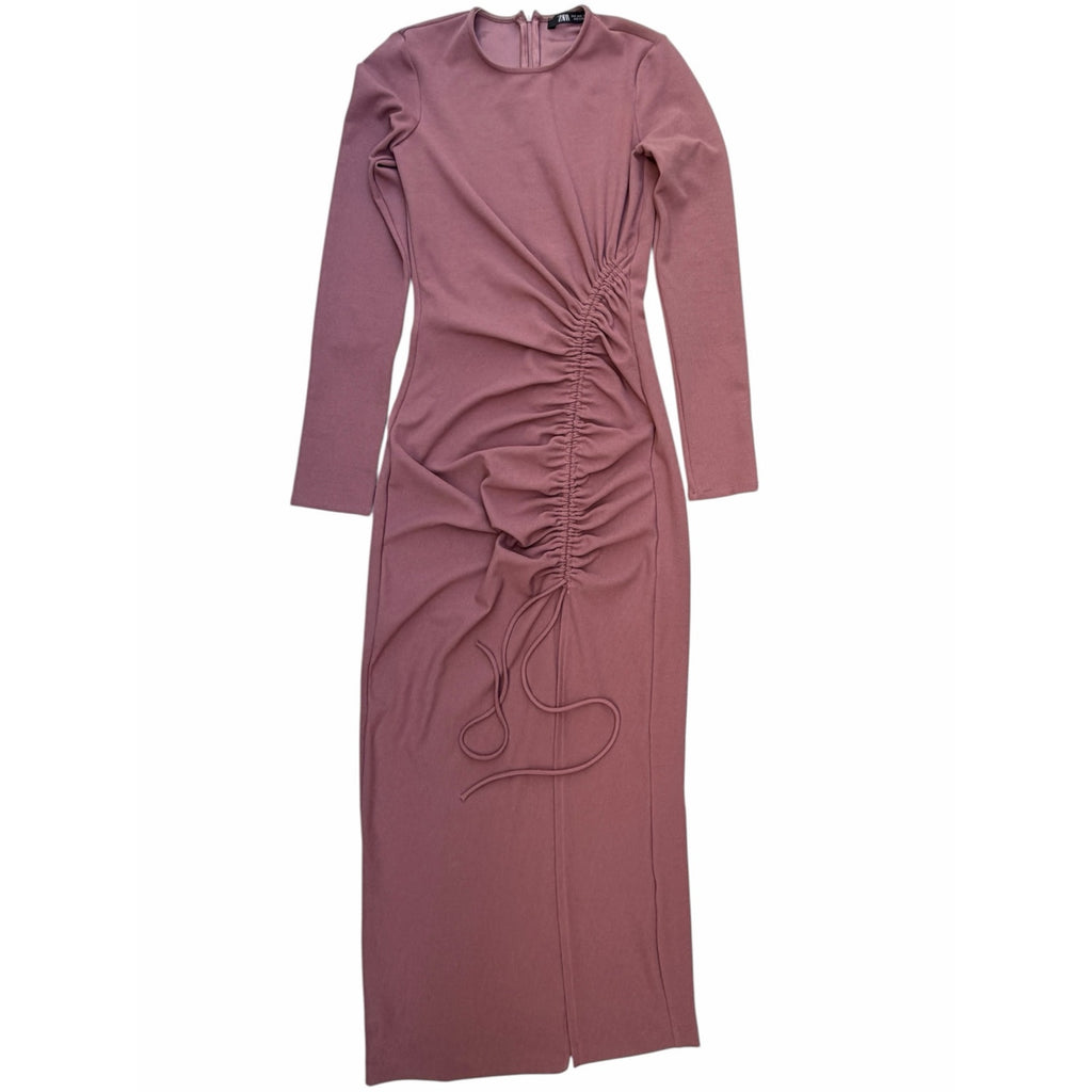 Zara Women's Mauve Ruched Drawstring Maxi Dress Small
