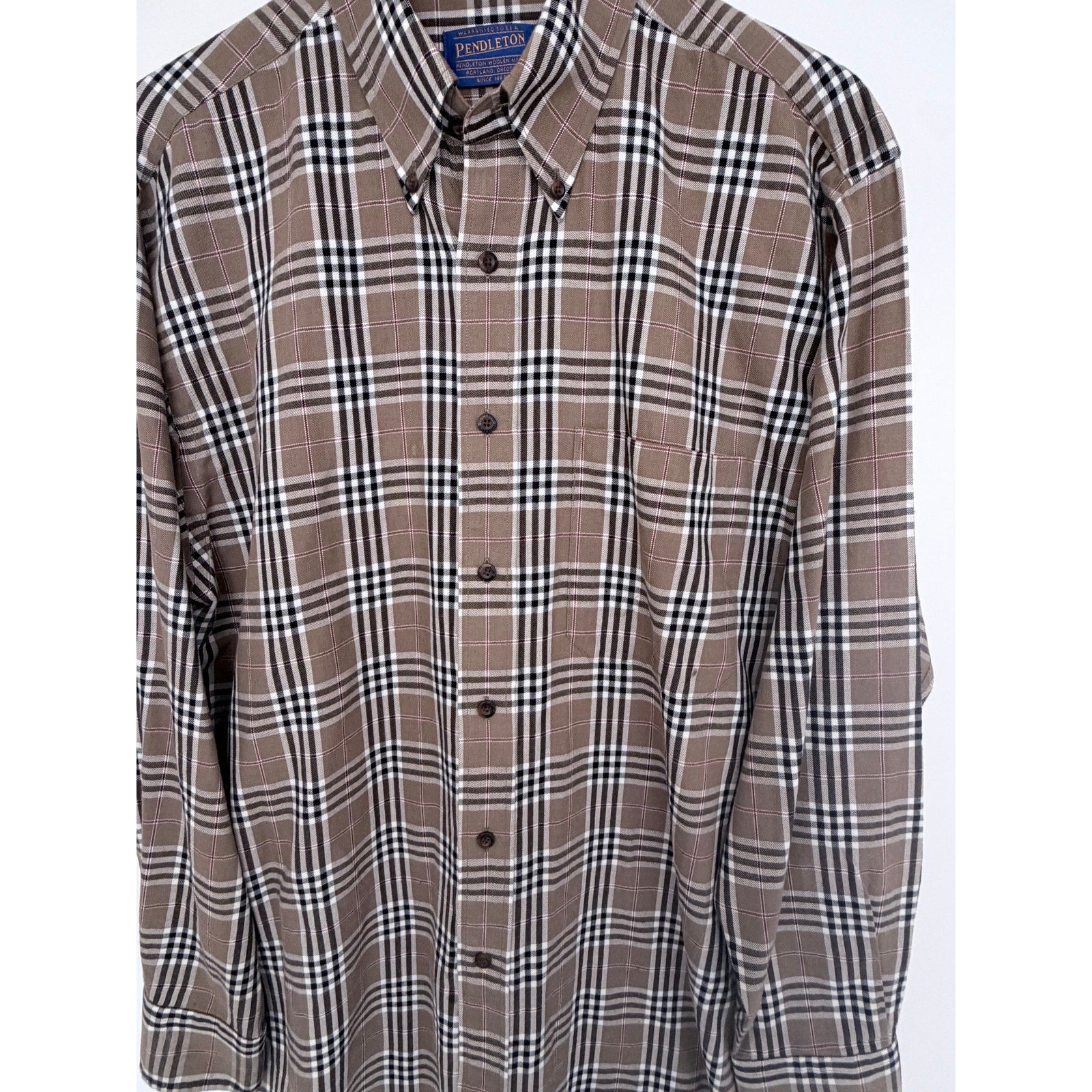 Pendleton Canterbury Cloth Button Down Shirt Mens Large Brown Plaid Wool Cotton