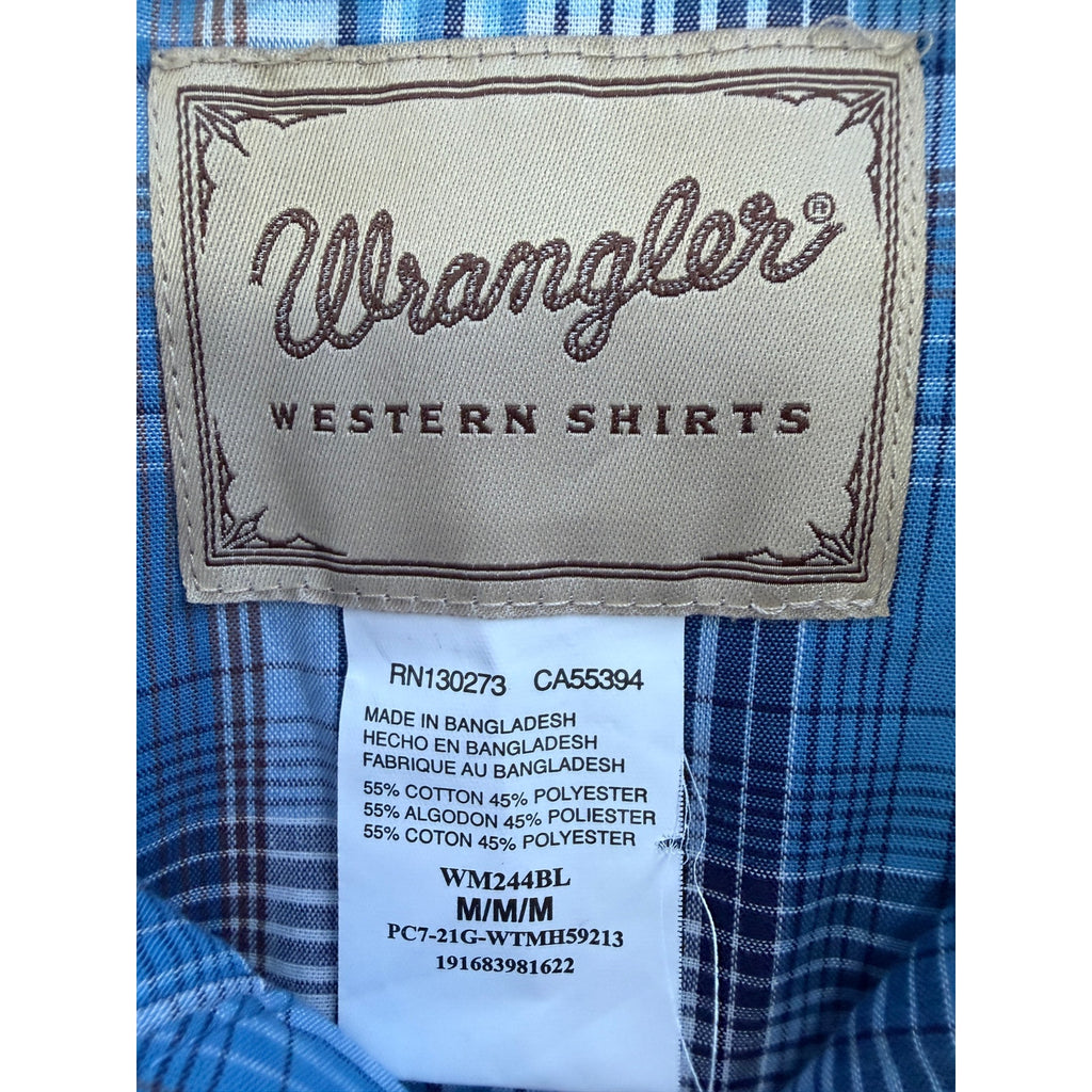 Wrangler Western Snap Button Shirt Mens Medium Blue Plaid Short Sleeve Cowboy