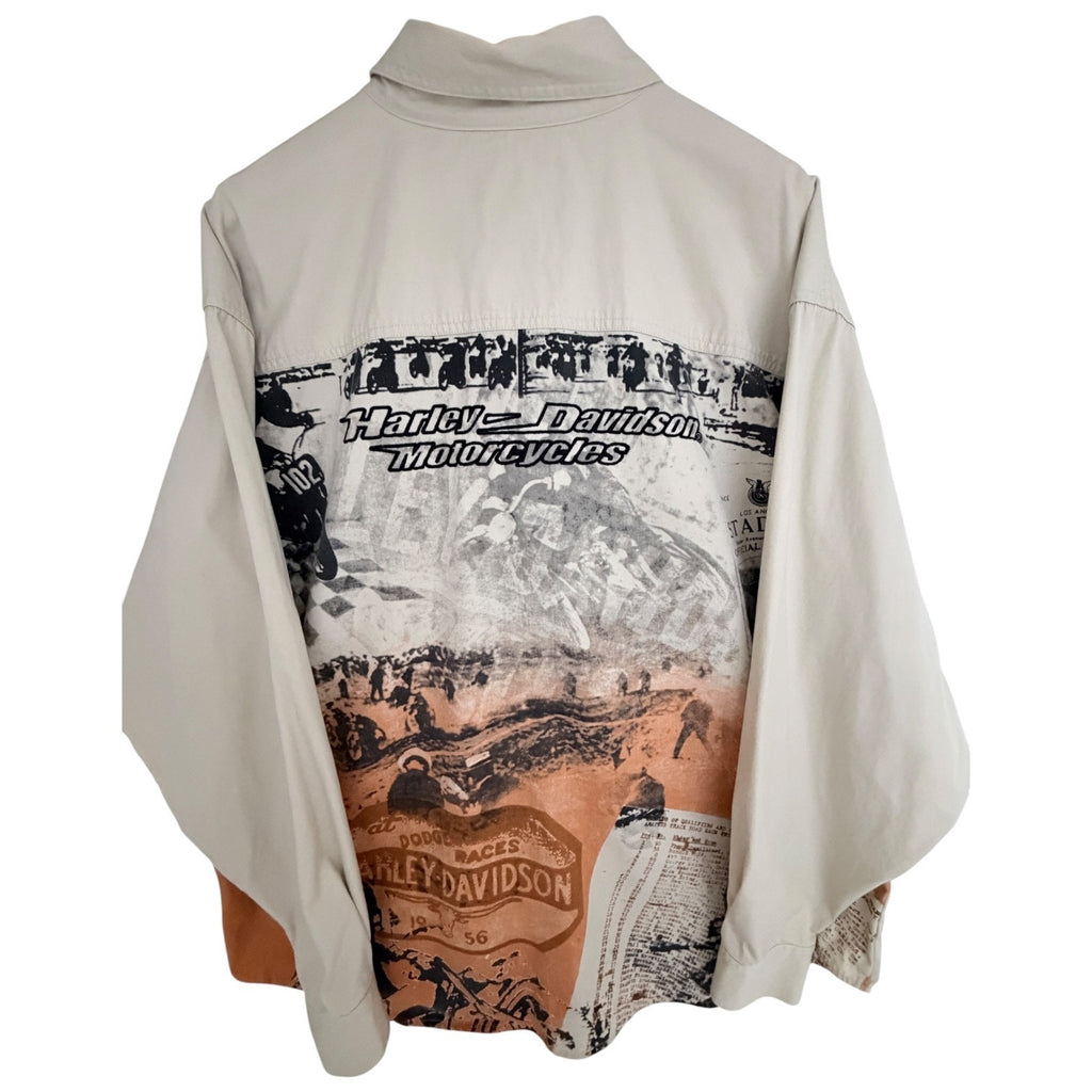 Harley Davidson Mens 2XL Button Front Shirt Beige Graphic Back Cotton Motorcycle