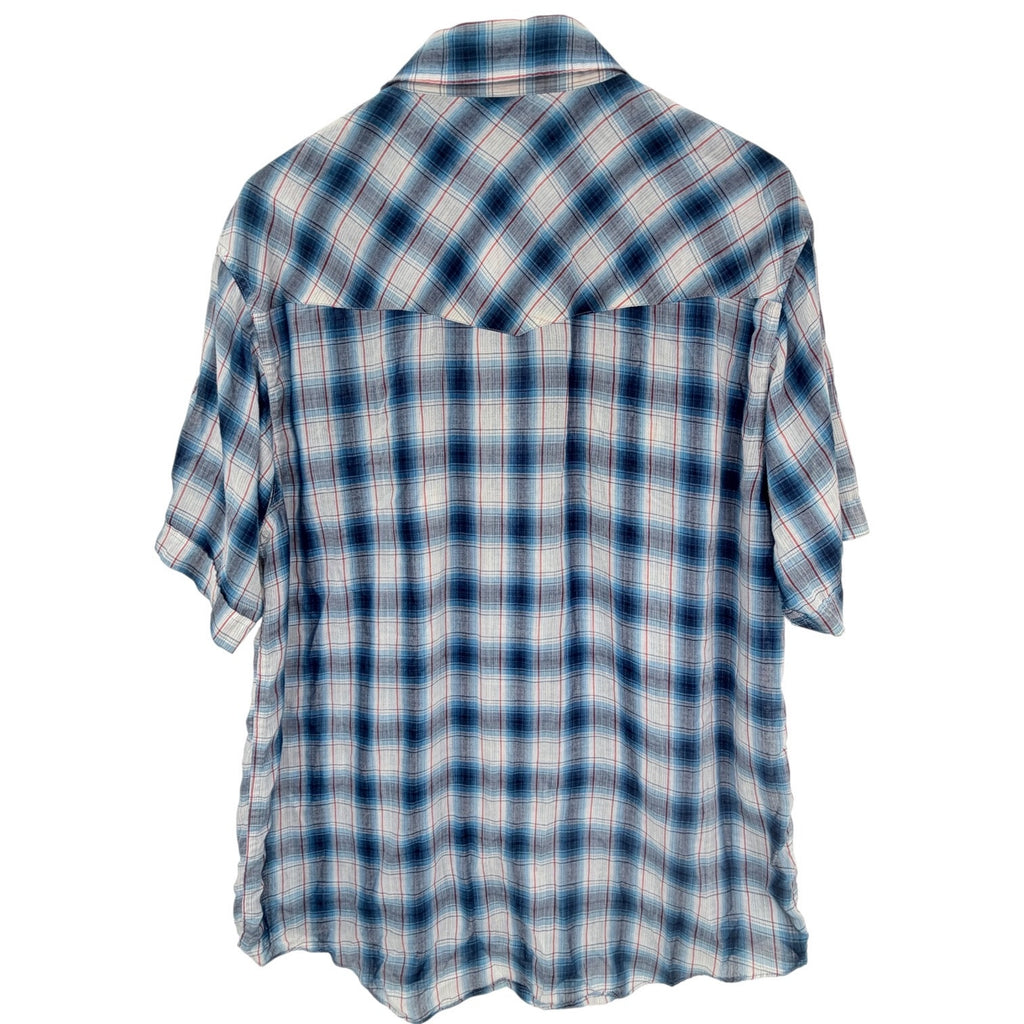 ELY Cattleman Pearl Snap Western Shirt Mens Large Blue Plaid Short Sleeve Cowboy