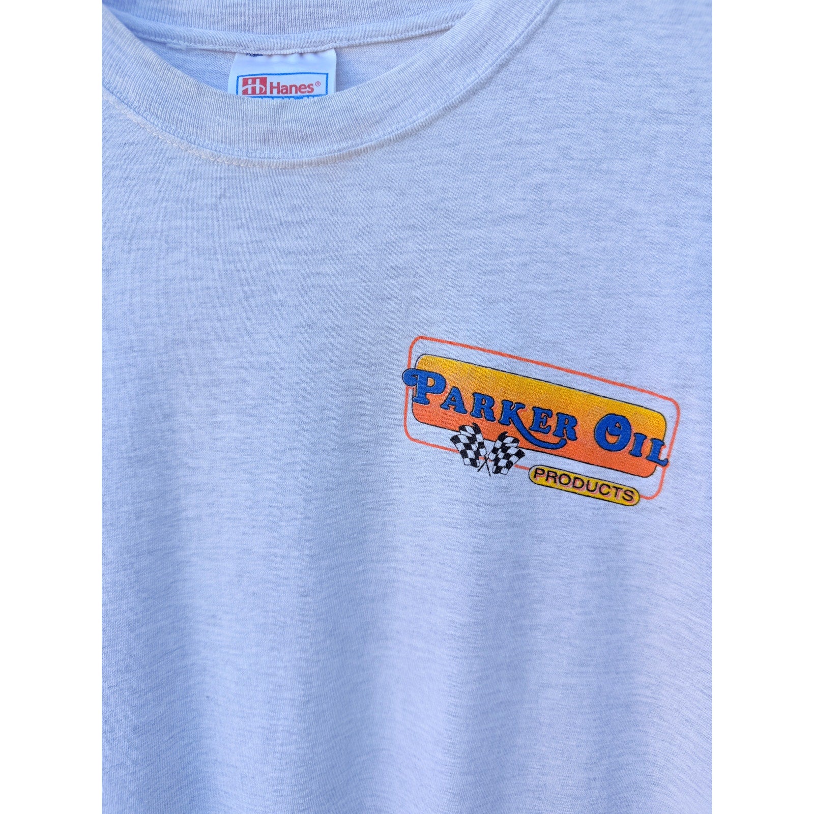 Parker Oil T Shirt Mens XL Gray Graphic Racing USA Flag
