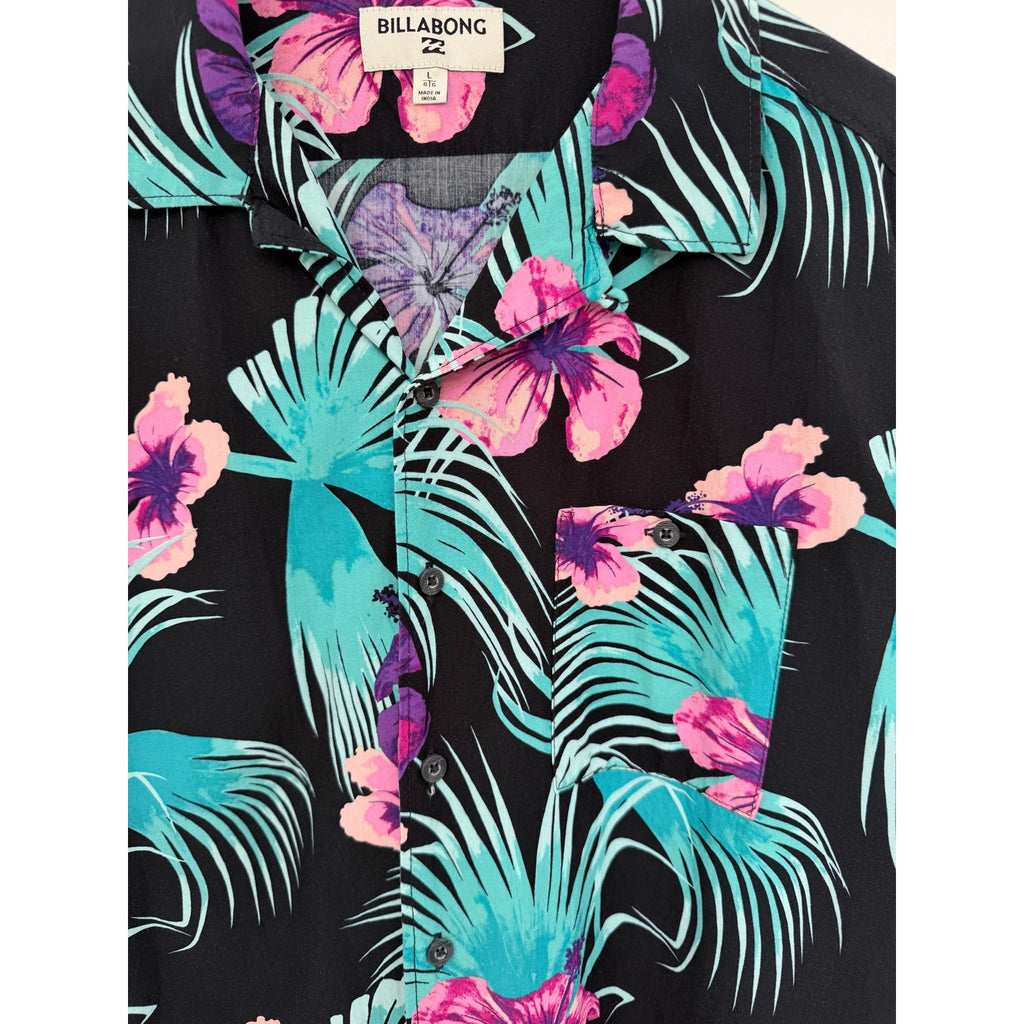 Billabong Hawaiian Shirt Mens Large Black Floral Tropical Button Up