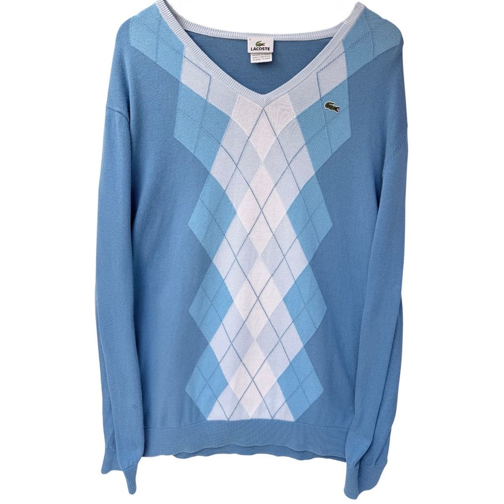 Lacoste Mens Sweater Size 6 Blue Argyle V Neck Crocodile Logo Knit