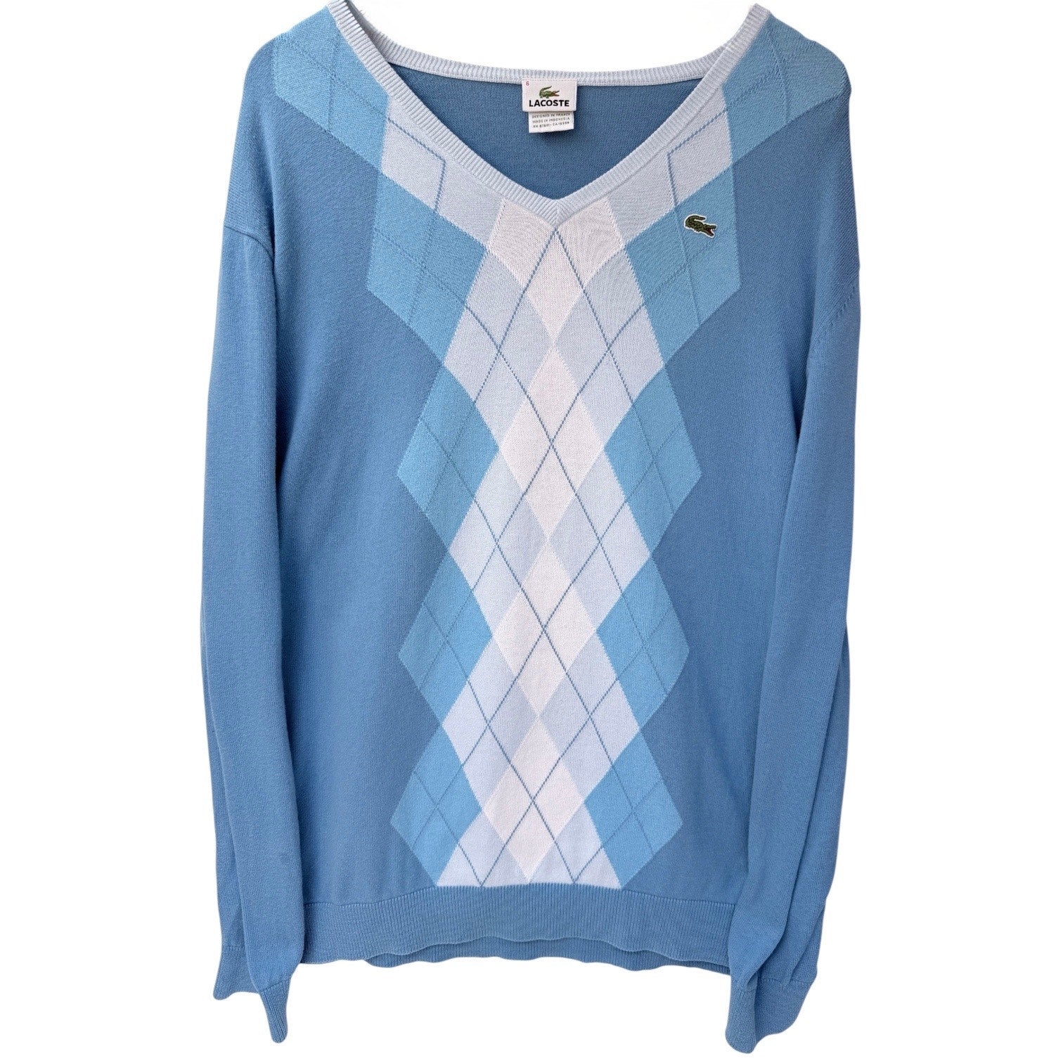 Lacoste Mens Sweater Size 6 Blue Argyle V Neck Crocodile Logo Knit