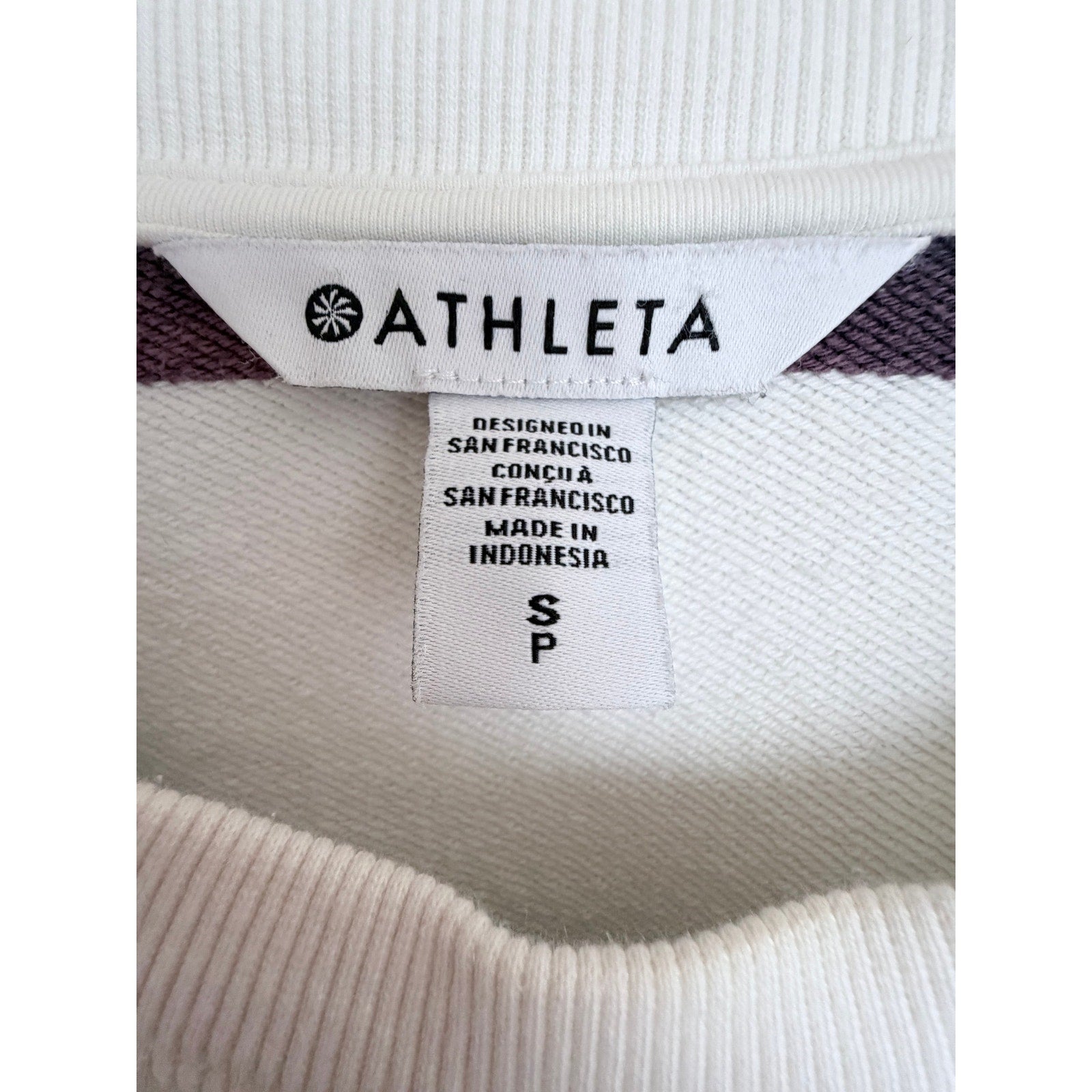 Athleta Womens Small White Purple Striped Cropped Crewneck Sweatshirt