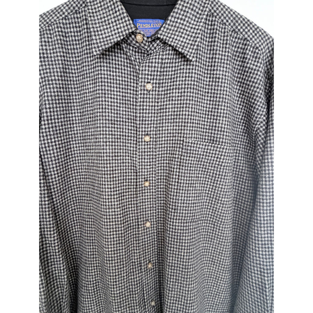 Pendleton Wool Button Front Shirt Mens Large Gray Black Check Long Sleeve