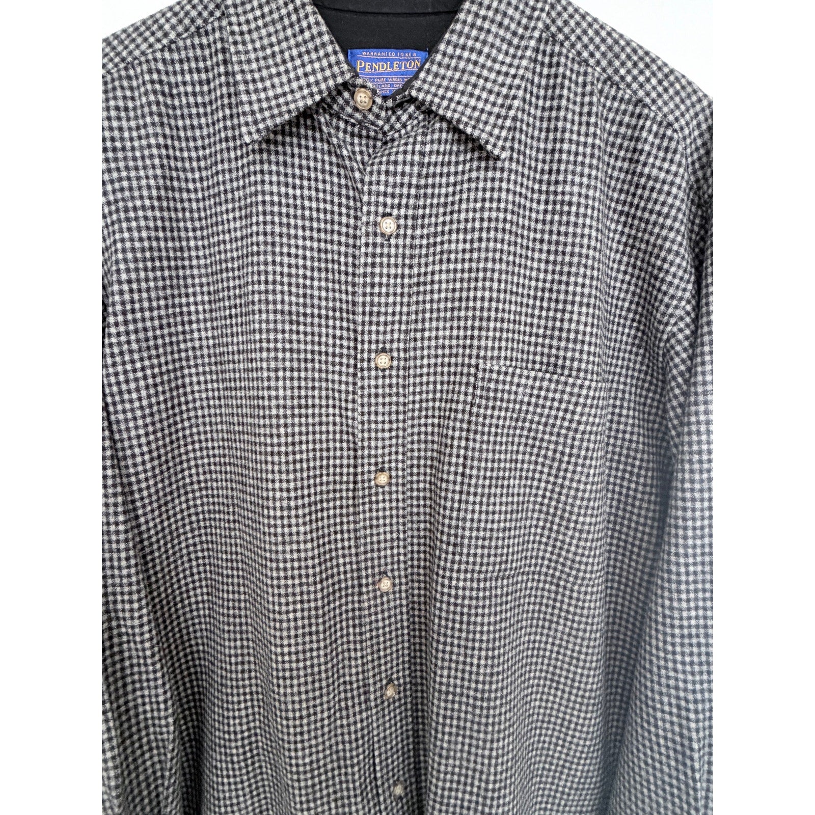 Pendleton Wool Button Front Shirt Mens Large Gray Black Check Long Sleeve