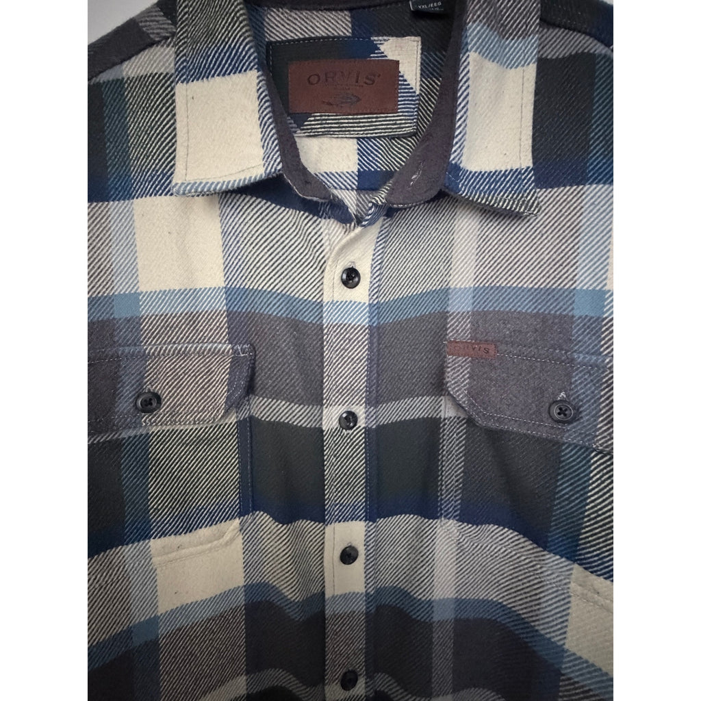 Orvis Sherpa Lined Plaid Flannel Shirt Jacket Mens XXL Blue Gray Heavyweight