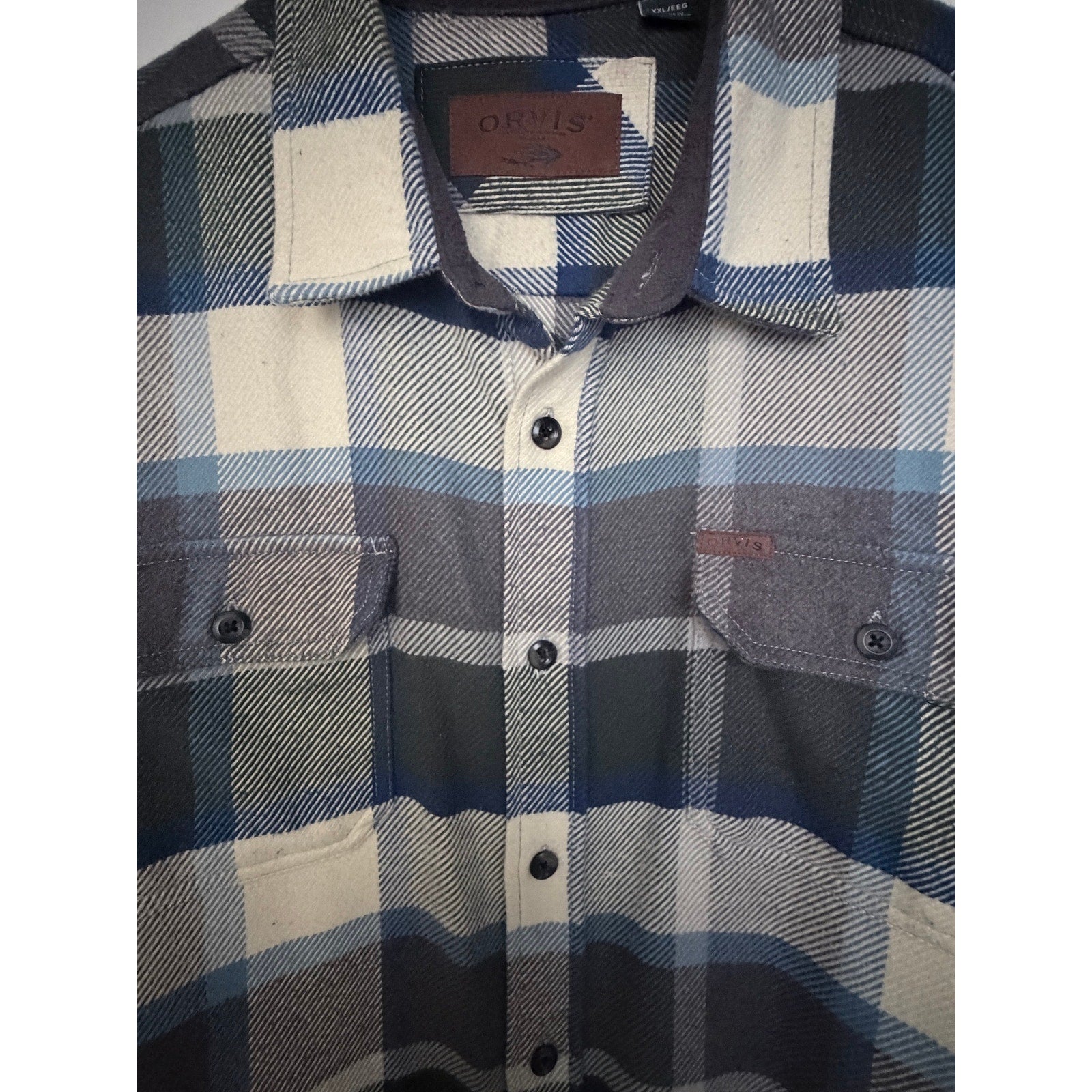Orvis Sherpa Lined Plaid Flannel Shirt Jacket Mens XXL Blue Gray Heavyweight