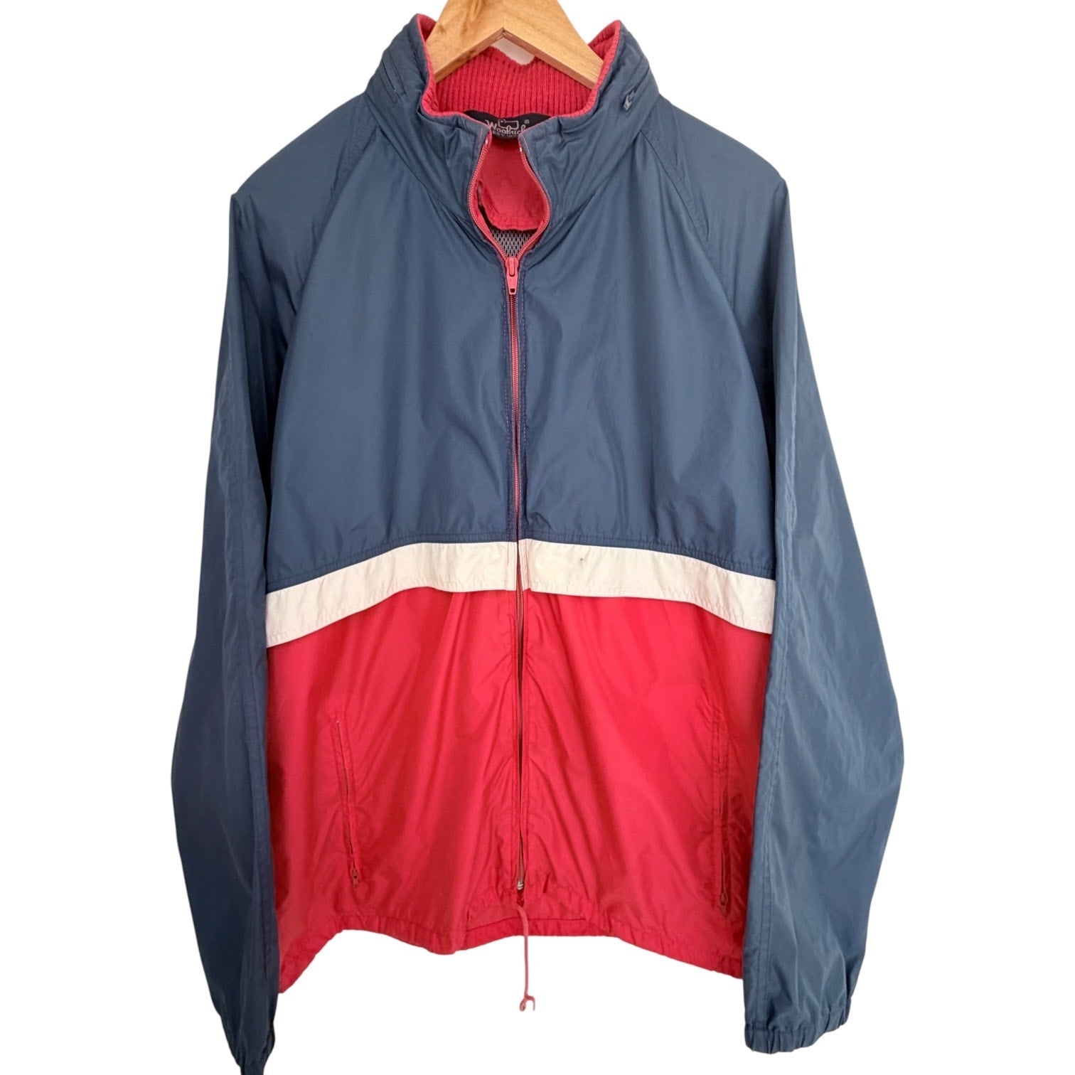 Woolrich Colorblock Windbreaker Jacket Mens Large Blue Red Full Zip Vintage