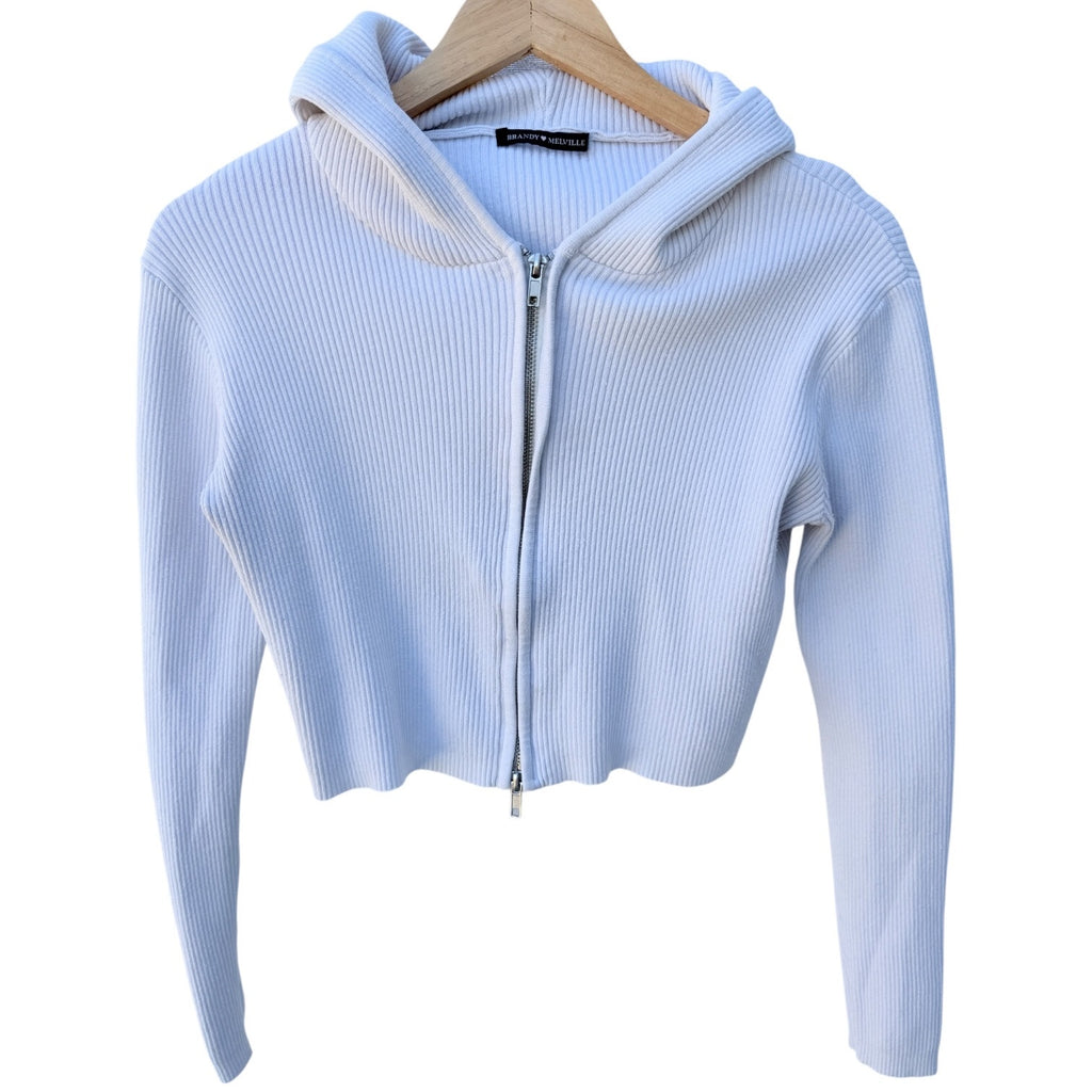 Brandy Melville Ribbed Zip Hoodie Womens One Size White Cropped