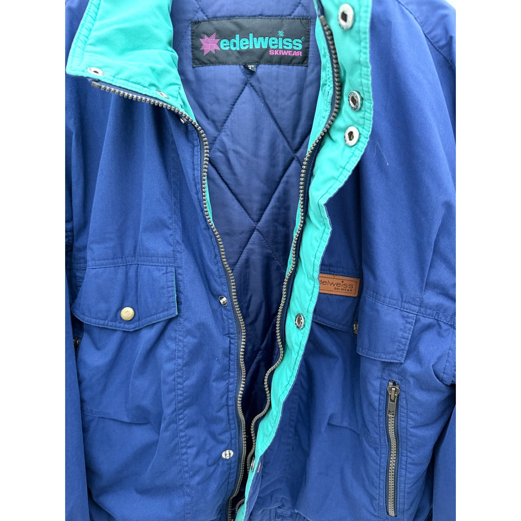 Edelweiss Skiwear Jacket Mens Medium Blue Green Vintage Ski Coat Snap Front