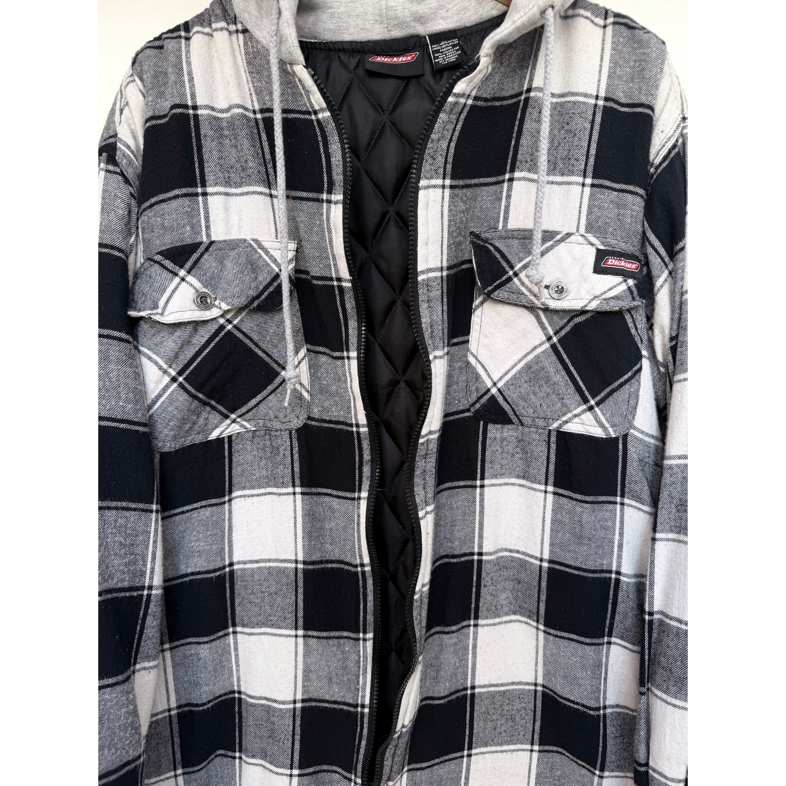 Dickies Hooded Flannel Jacket Mens XL Black White Plaid Workwear