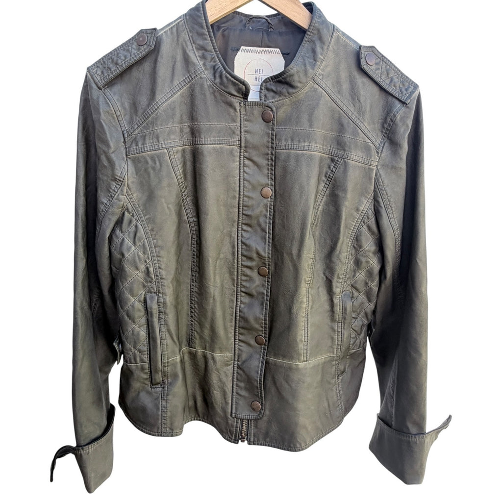 Hei Hei Womens Faux Leather Moto Jacket Olive Green Snap Front