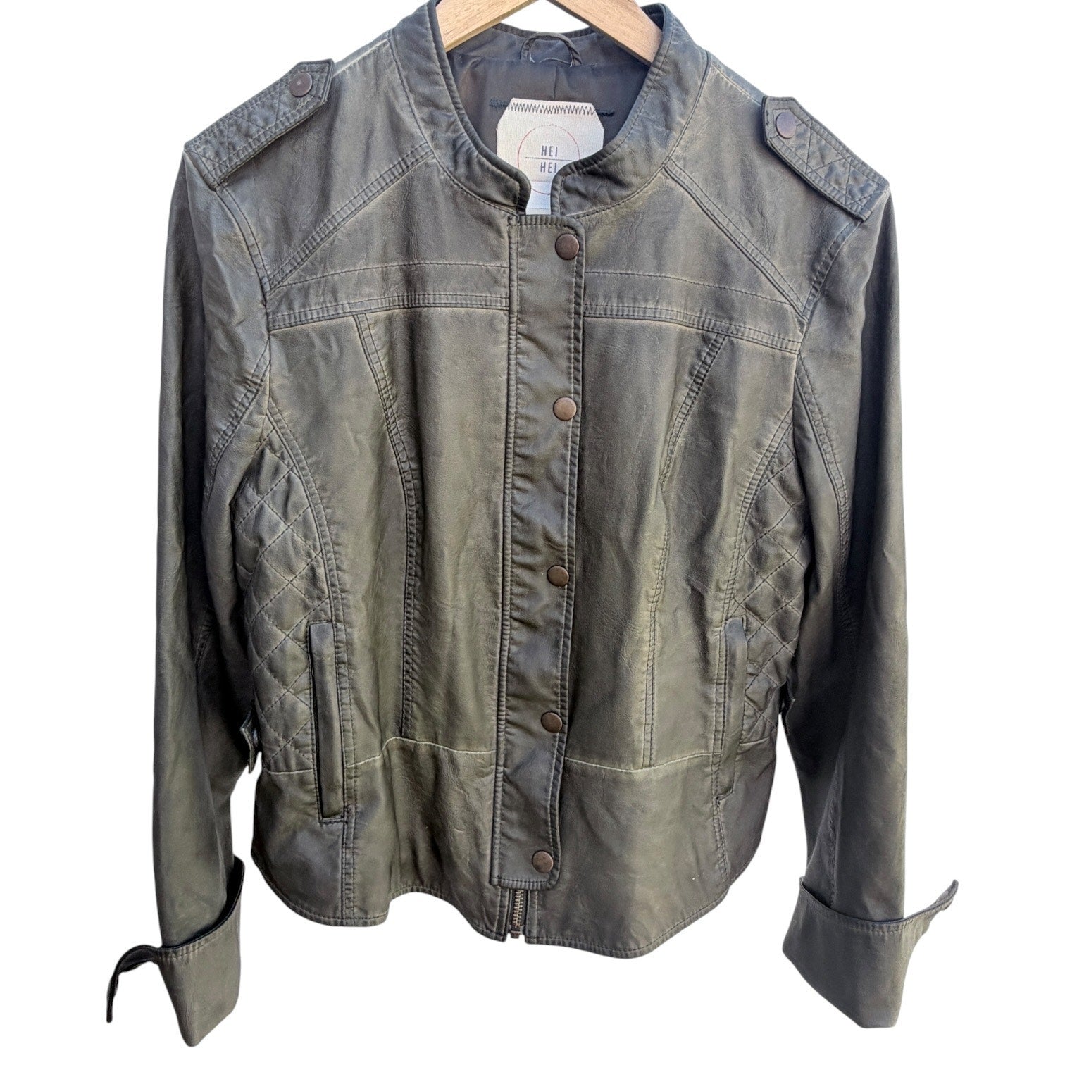 Hei Hei Womens Faux Leather Moto Jacket Olive Green Snap Front