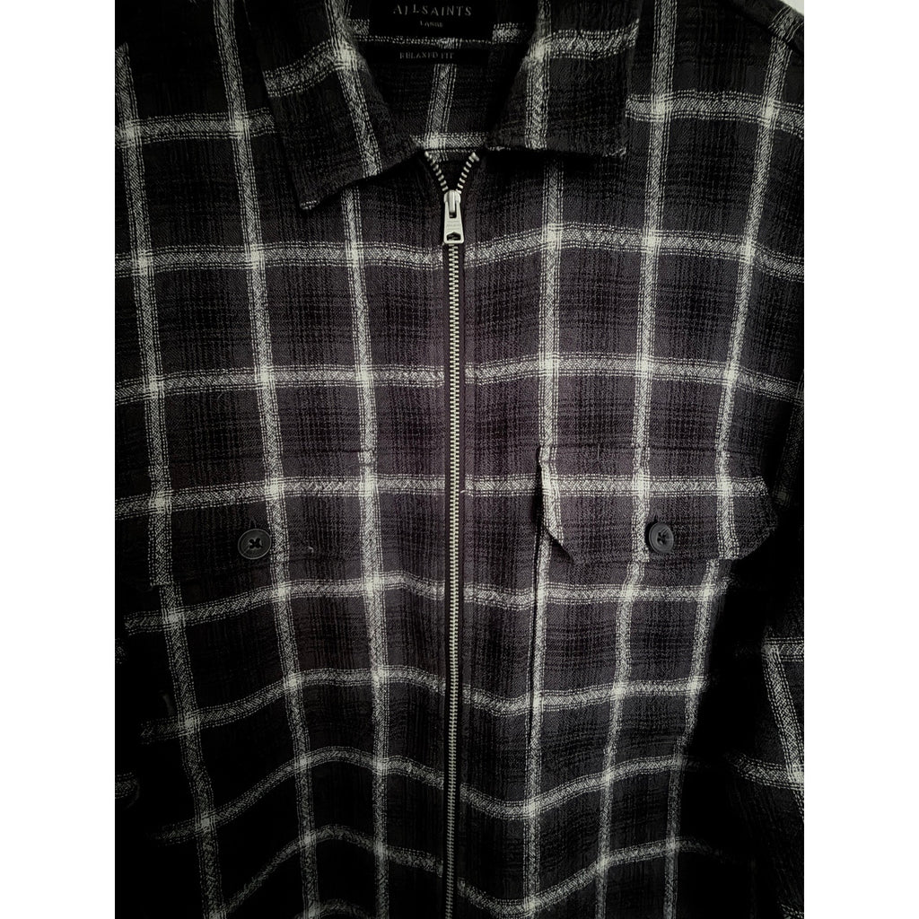 AllSaints Plaid Zip Front Overshirt Jacket Mens Large Black Gray
