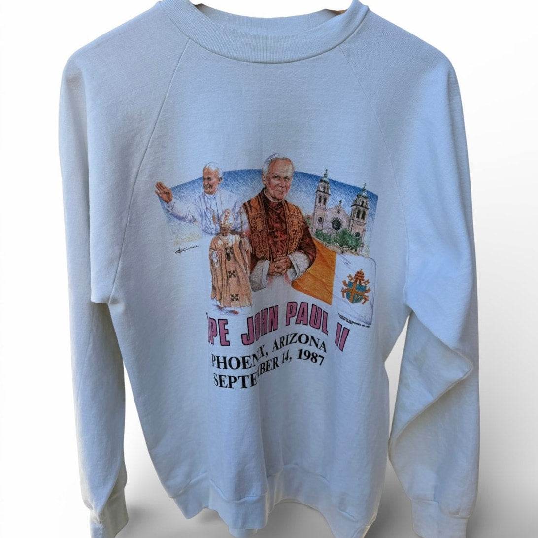 Vintage Pope John Paul II 1987 Phoenix AZ Sweatshirt Mens Large White Religious