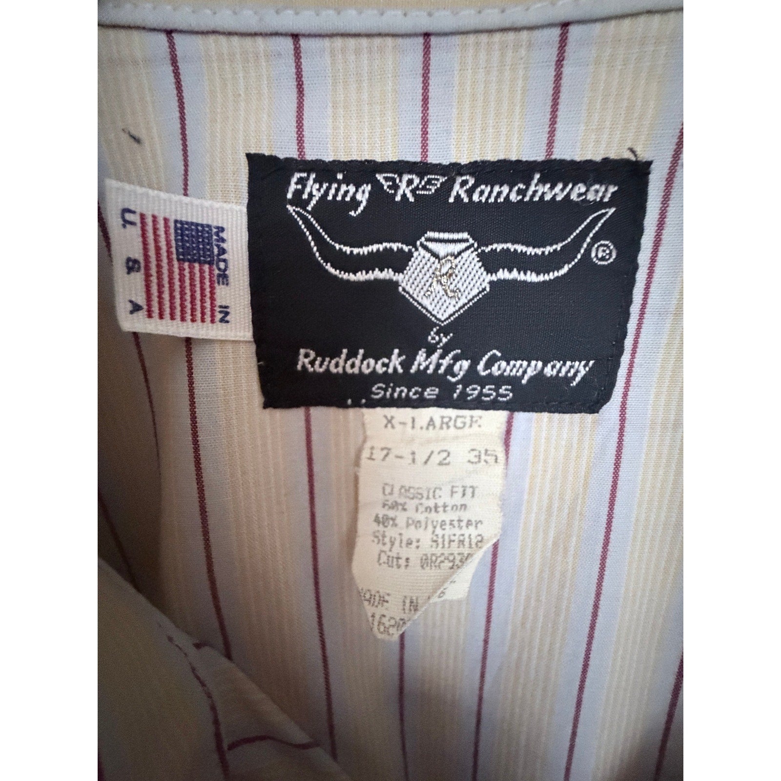 Ruddock Flying R Ranchwear Western Shirt Mens XL White Stripe Pearl Snap USA Made