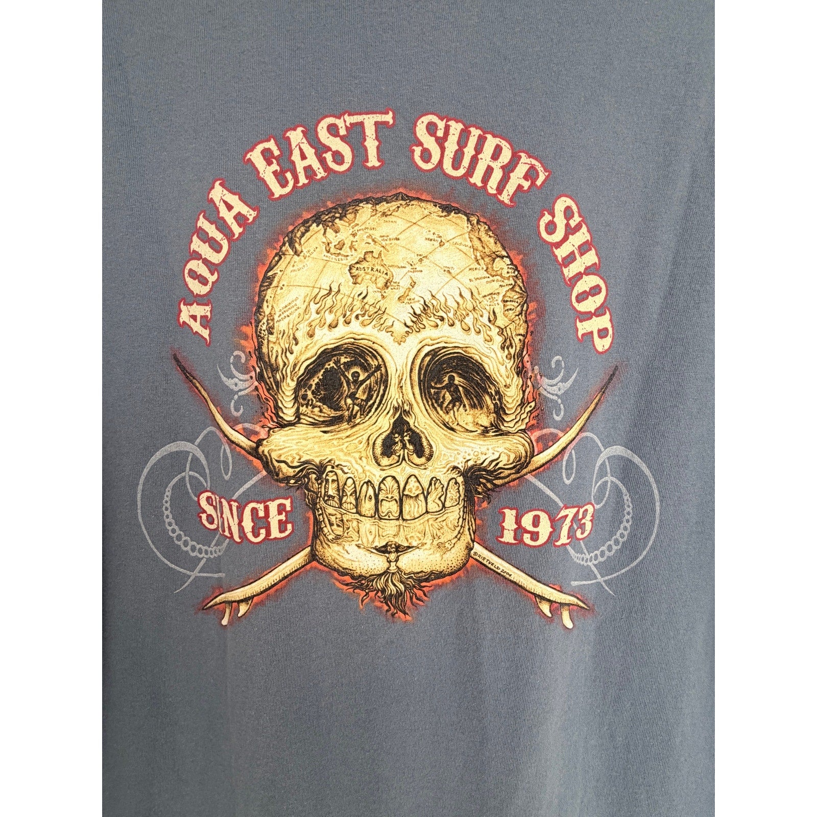 Aqua East Surf Shop Mens Large Blue Graphic T Shirt Skull Florida Beach Cotton