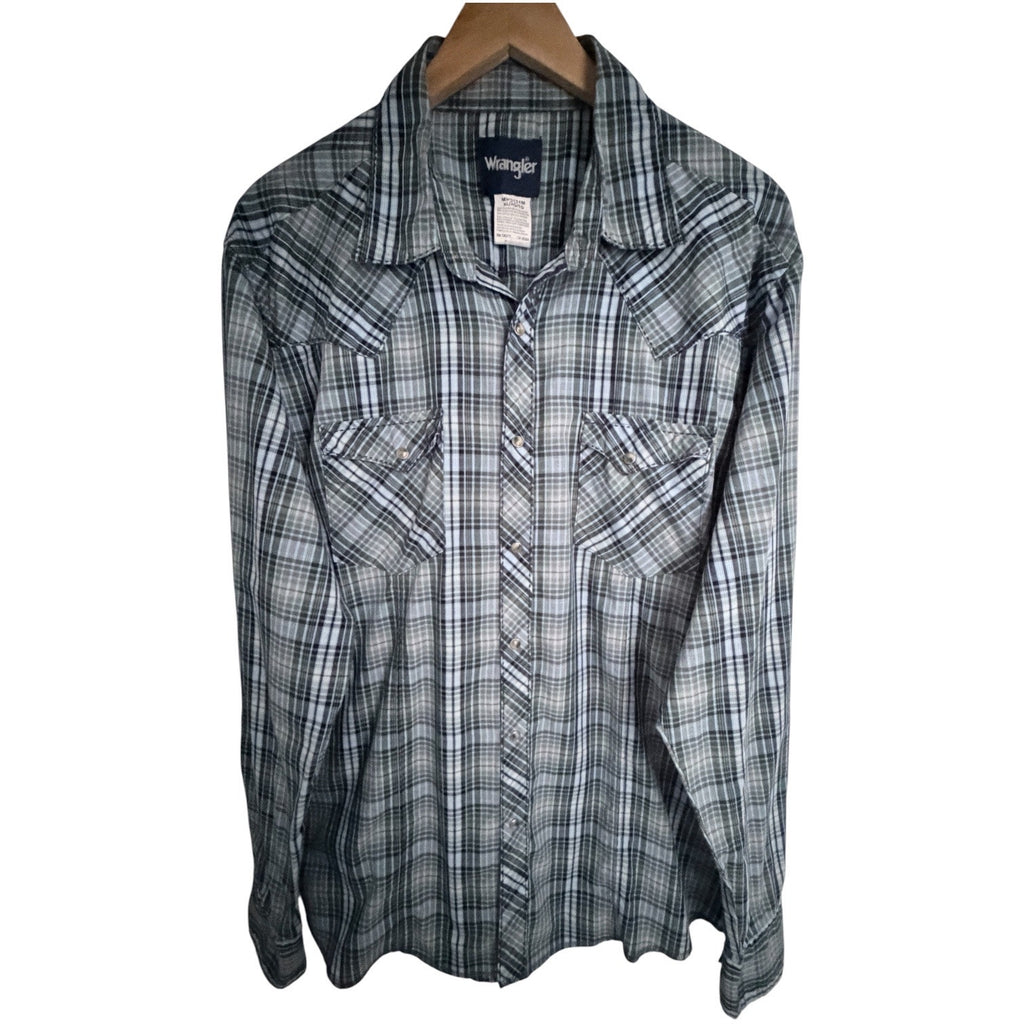 Wrangler Plaid Pearl Snap Western Shirt Mens XL Green Blue