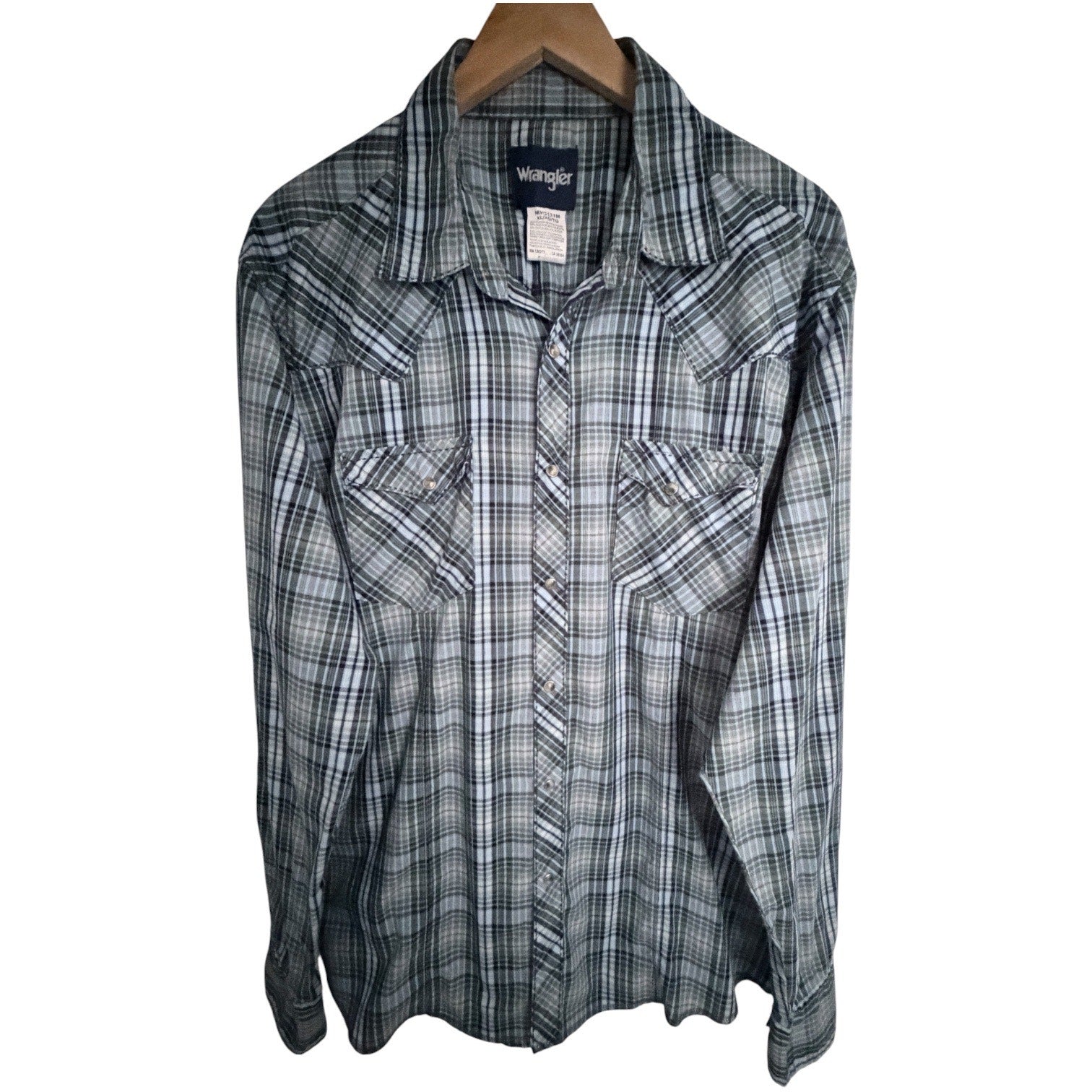 Wrangler Plaid Pearl Snap Western Shirt Mens XL Green Blue