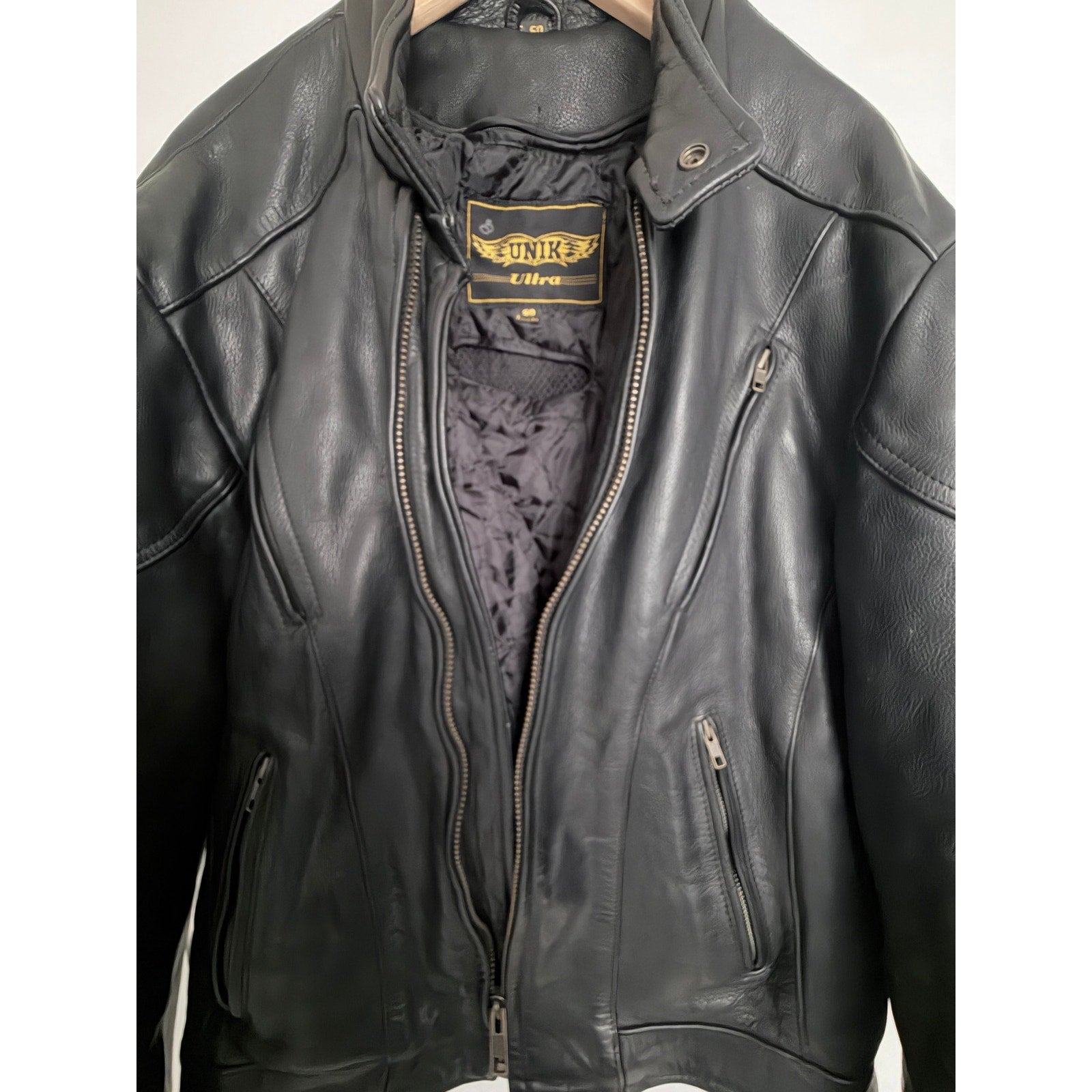 UNIK Ultra Men's Black Leather Motorcycle Jacket Size 50 additional view 4