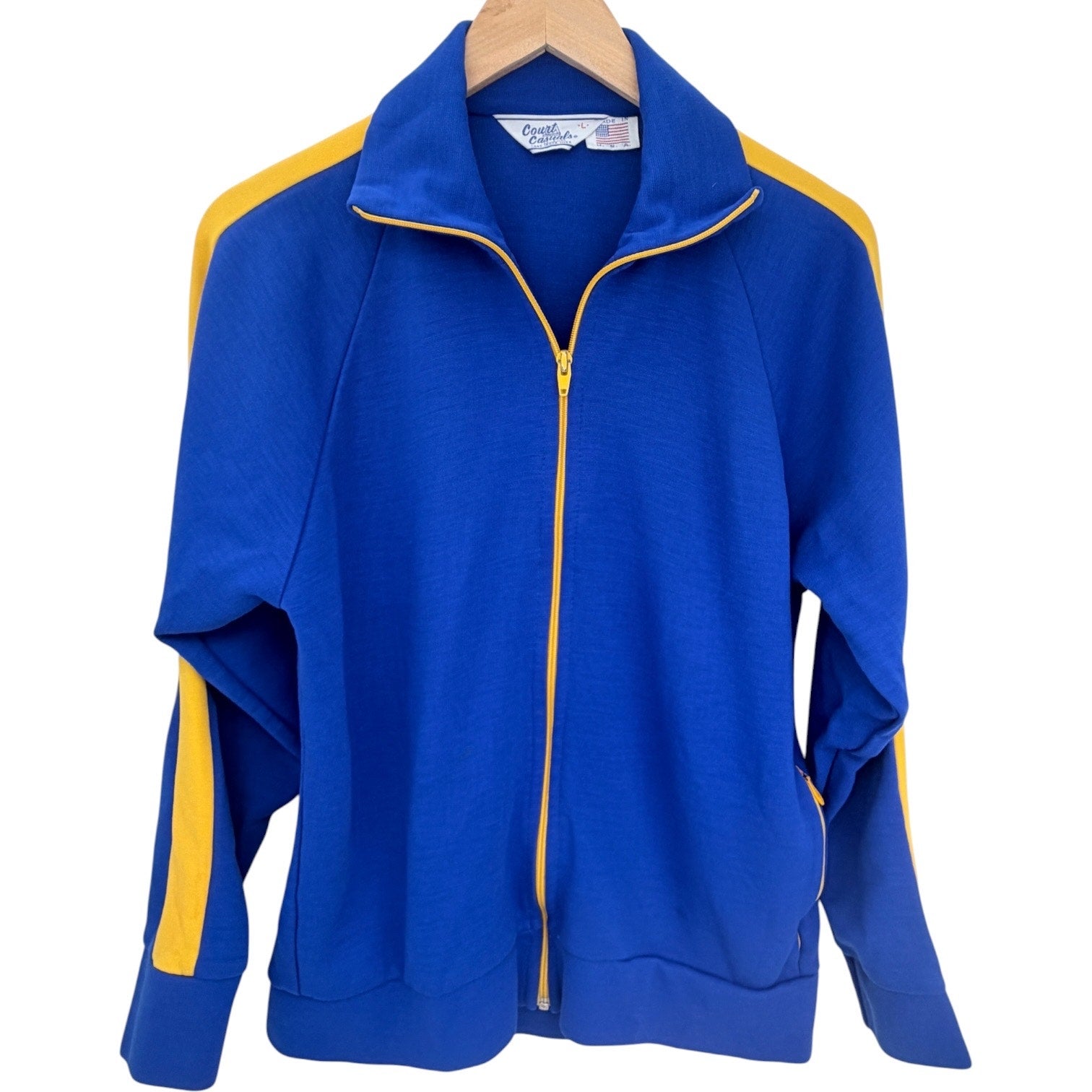 Court Casual Track Jacket Mens Large Blue Yellow Full Zip Vintage USA Made