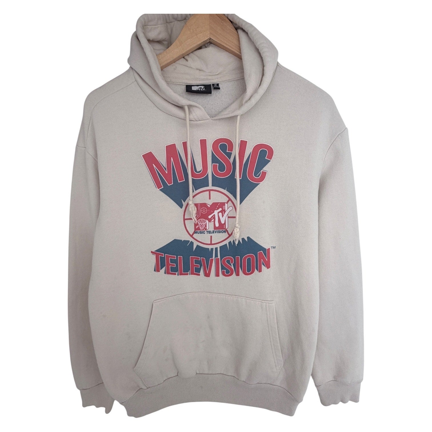 MTV MTV MTV Music Television Hoodie Mens Medium Cream Graphic Pullover Sweatshirt