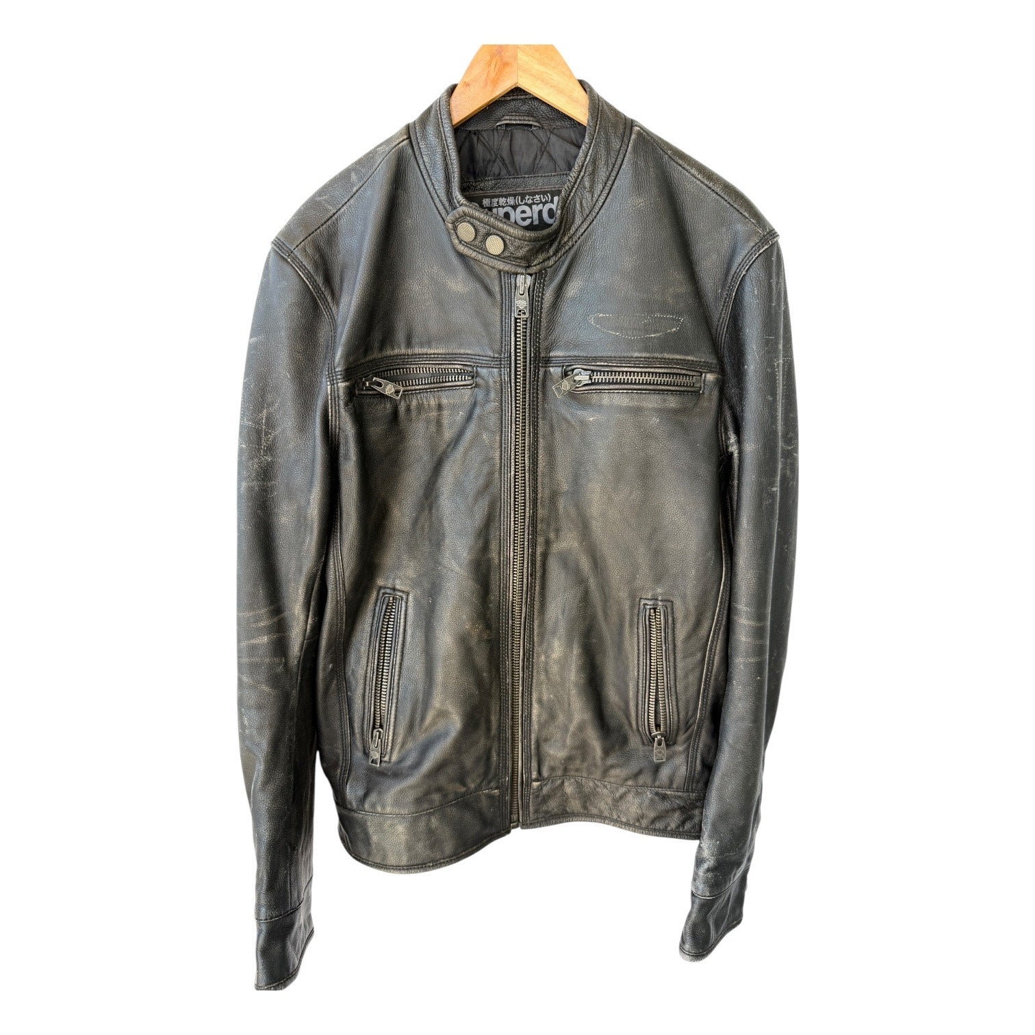 Superdry Limited Leather Jacket Mens XL Black Moto Cafe Racer