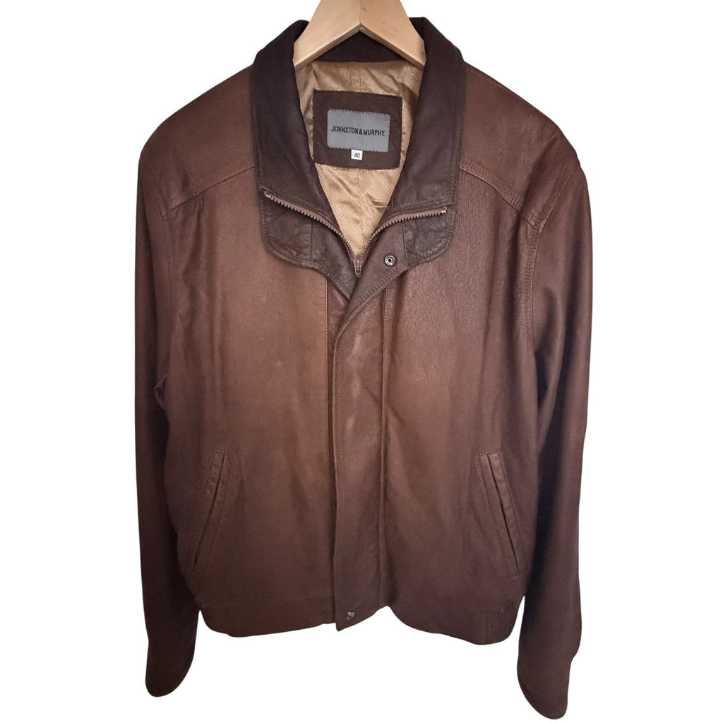 Johnston & Murphy Leather Jacket Mens 40 Brown Full Zip Snap Front Casual Coat