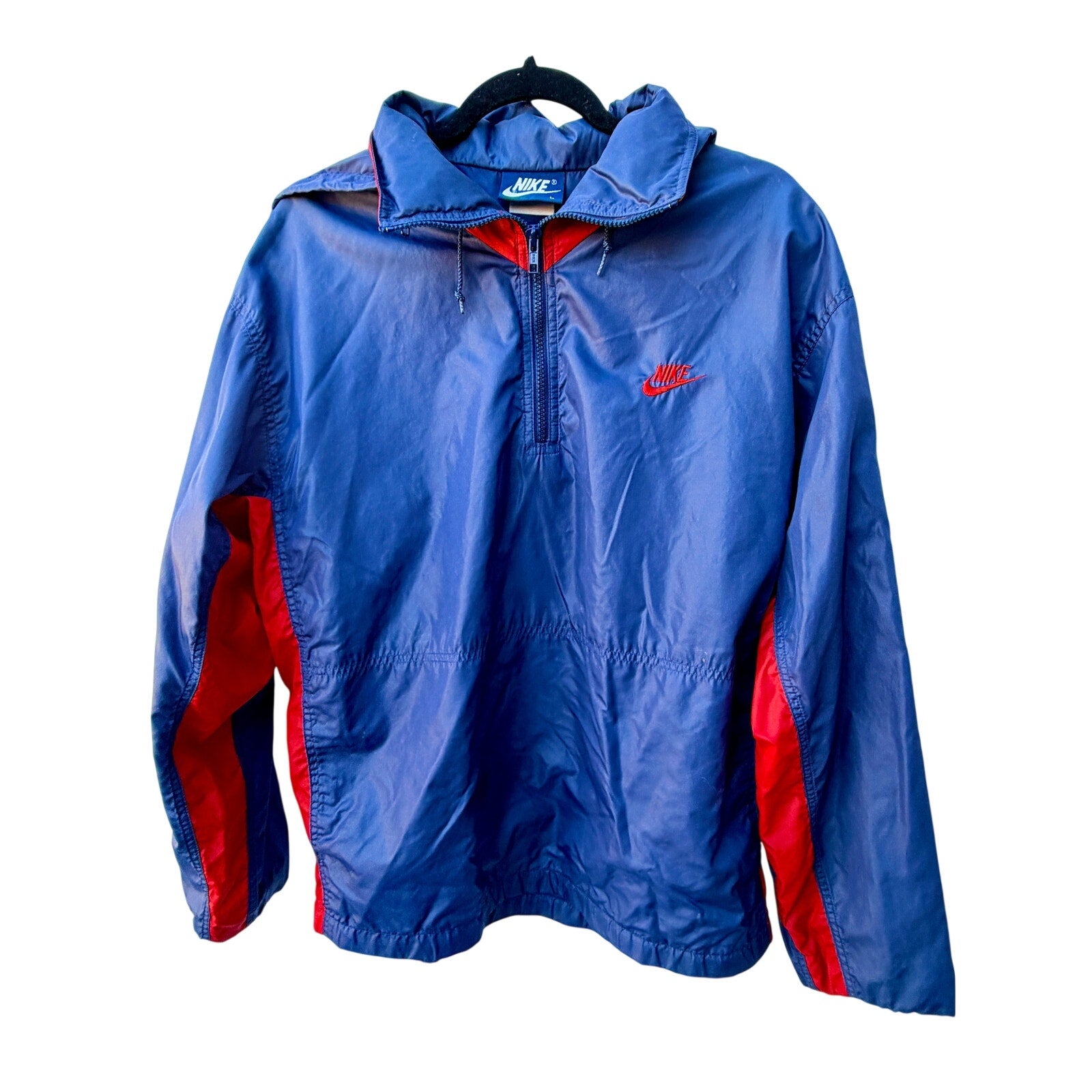 Vintage Nike Windbreaker Jacket Mens Large Blue Red 1/4 Zip Hooded 90s Y2K