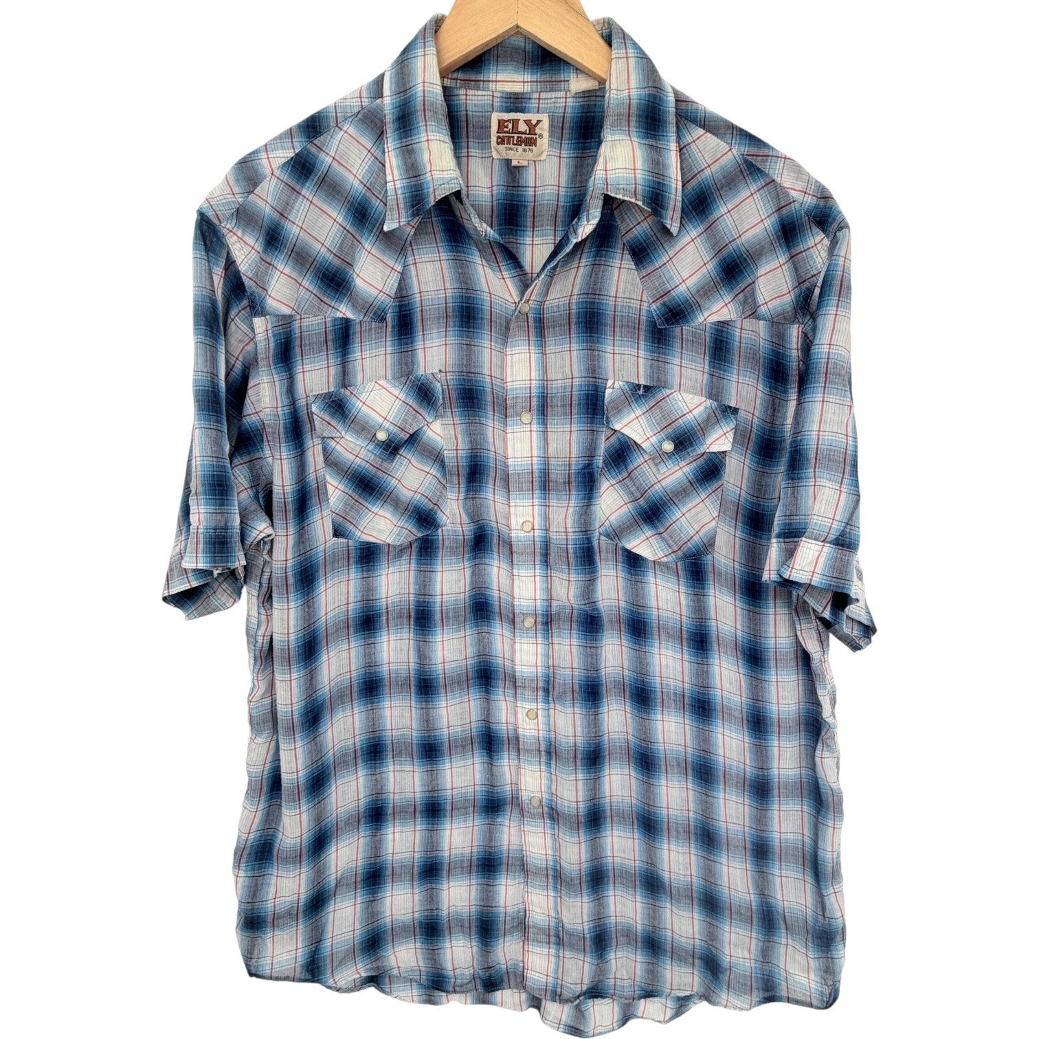 ELY Cattleman Pearl Snap Western Shirt Mens Large Blue Plaid Short Sleeve Cowboy
