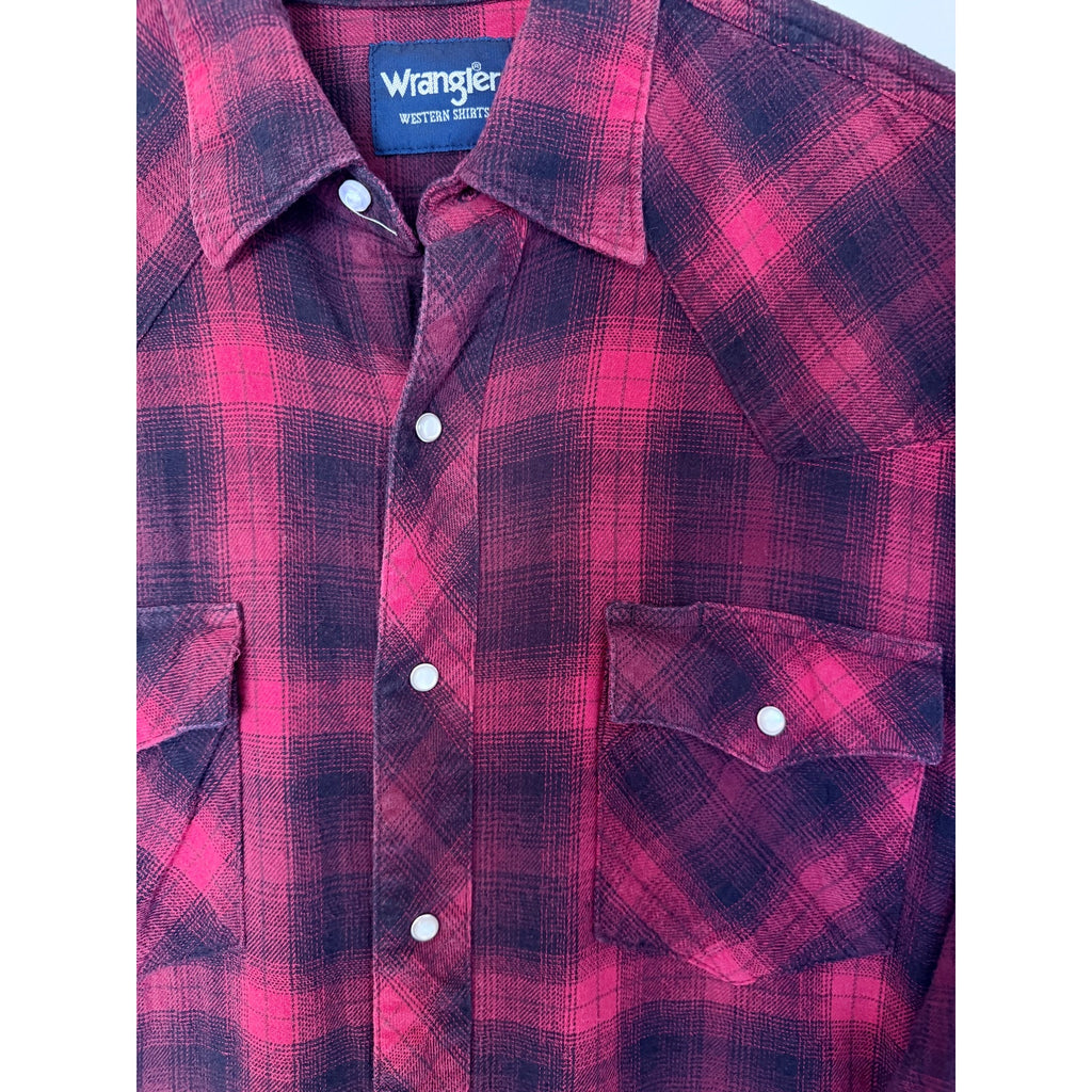 Wrangler Western Flannel Shirt Mens Large Red Black Plaid Snap Button
