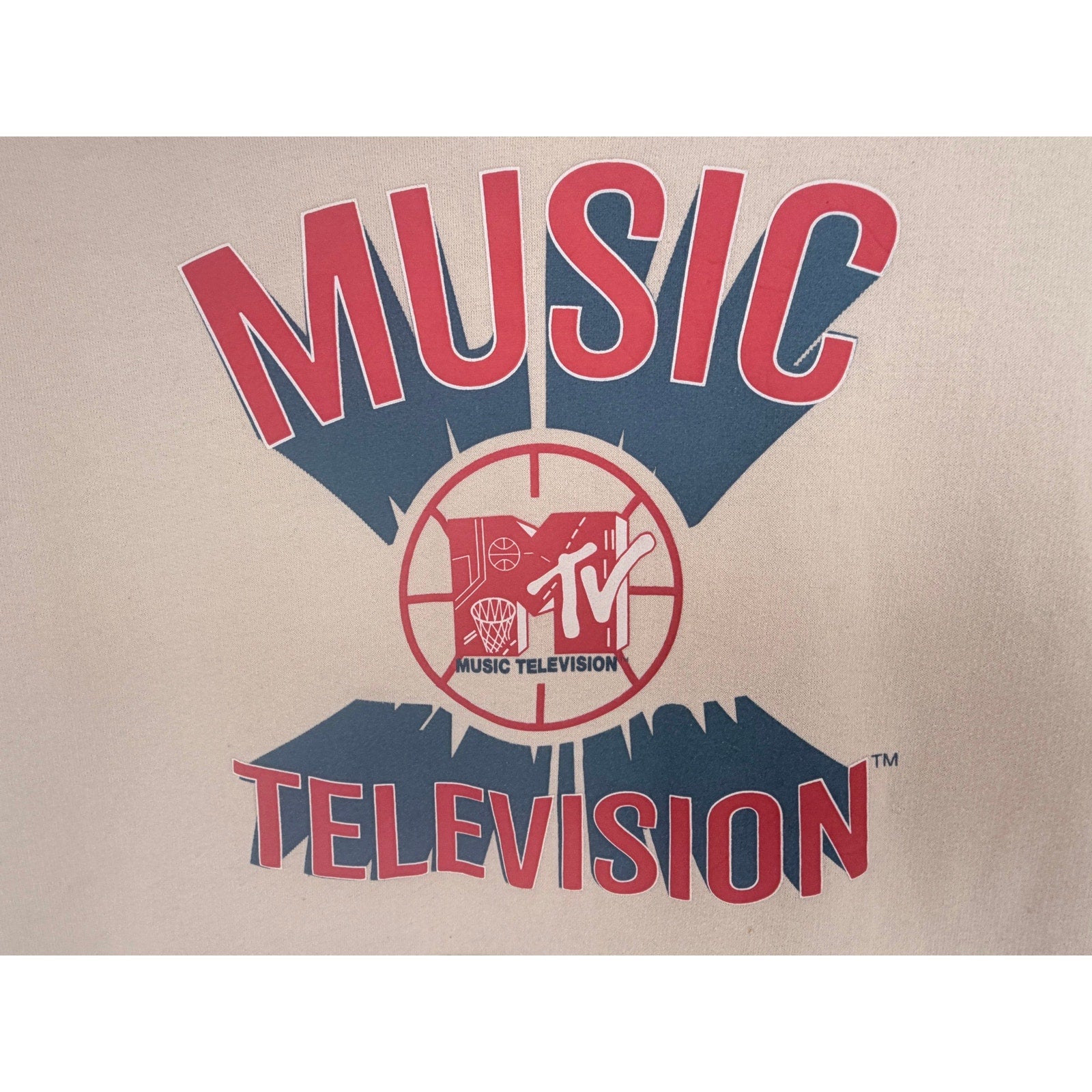 MTV MTV MTV Music Television Hoodie Mens Medium Cream Graphic Pullover Sweatshirt
