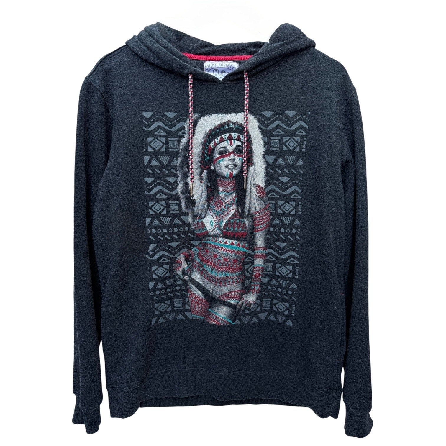 Riot Society Mens Graphic Hoodie Gray Tribal Print Pullover Medium