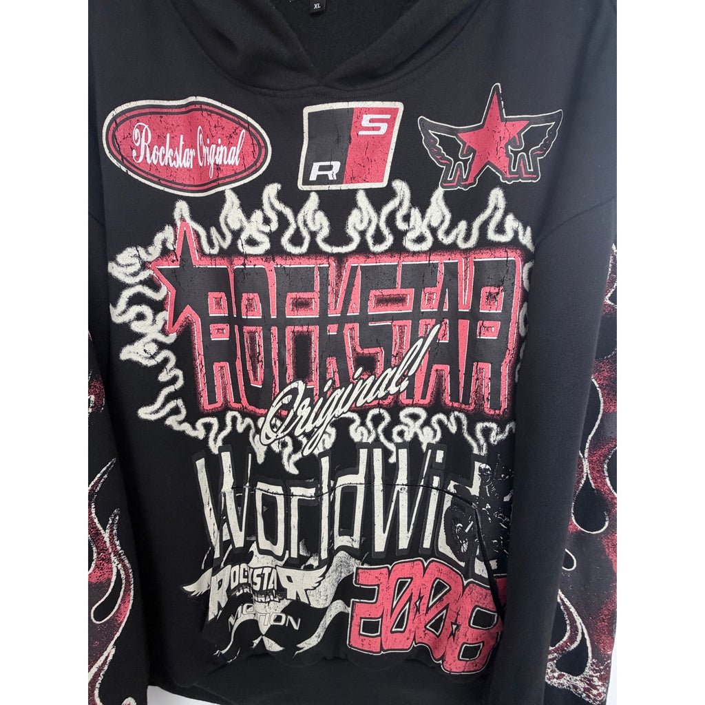 Rockstar Original Flame Graphic Hoodie Mens XL Black Red Streetwear Pullover