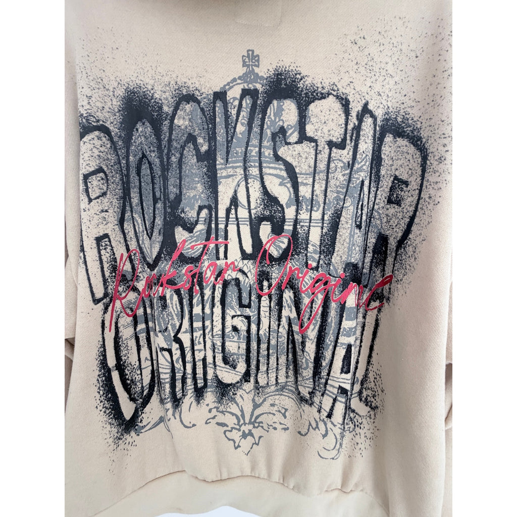 Rockstar Original Hoodie Mens XL Beige Graphic Streetwear Pullover Crown Logo