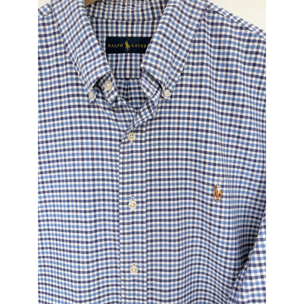 Ralph Lauren Button Up Shirt Mens XXL Blue White Check Pony Logo Long Sleeve