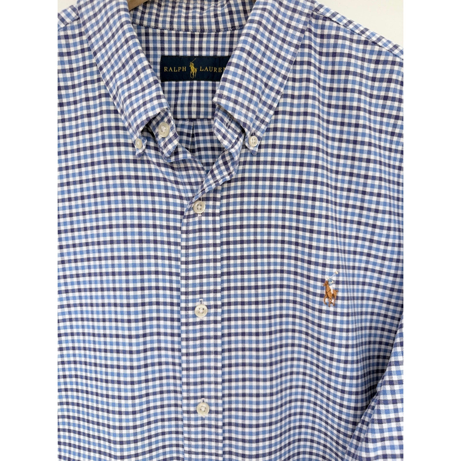 Ralph Lauren Button Up Shirt Mens XXL Blue White Check Pony Logo Long Sleeve