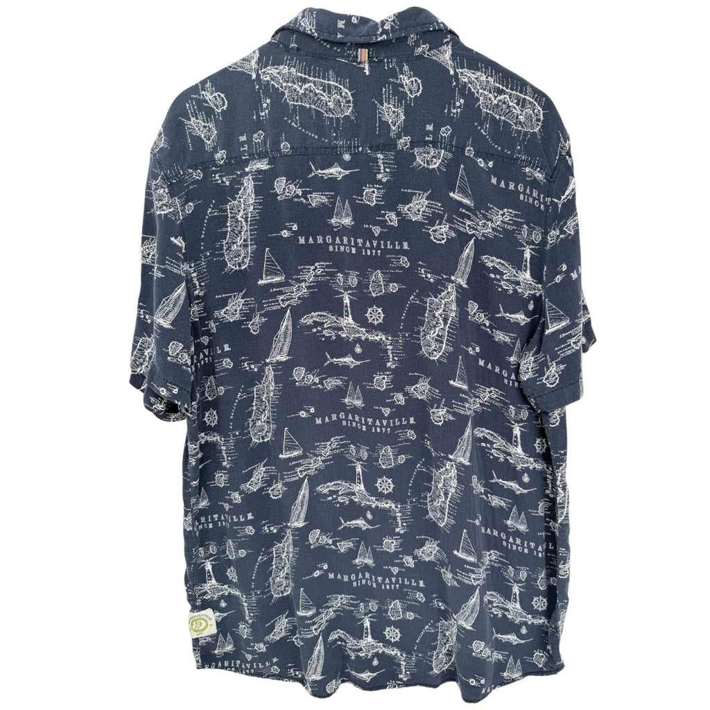 Margaritaville Hawaiian Shirt Mens XL Blue Rayon Tropical Map Print Button Up