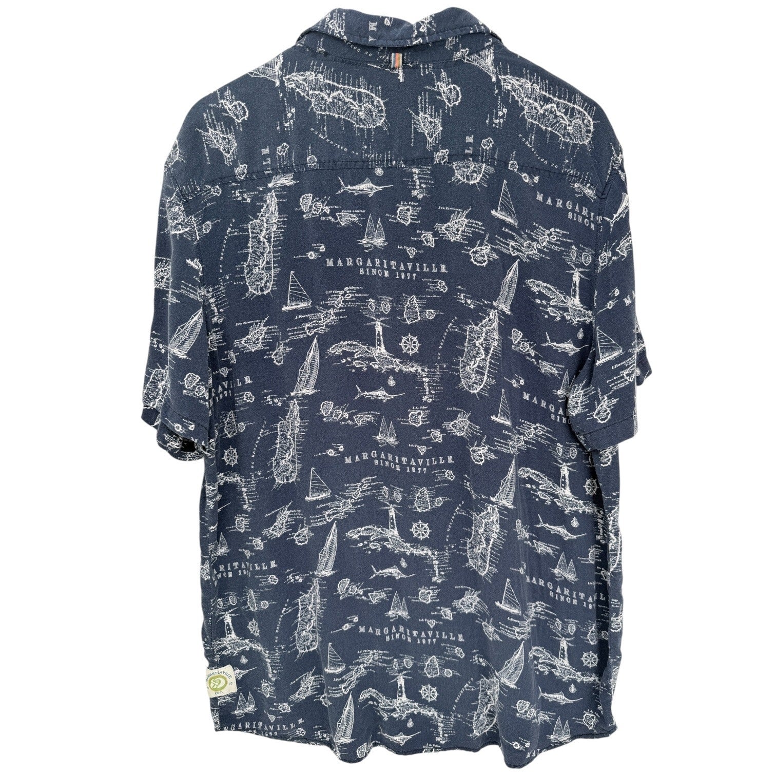 Margaritaville Hawaiian Shirt Mens XL Blue Rayon Tropical Map Print Button Up