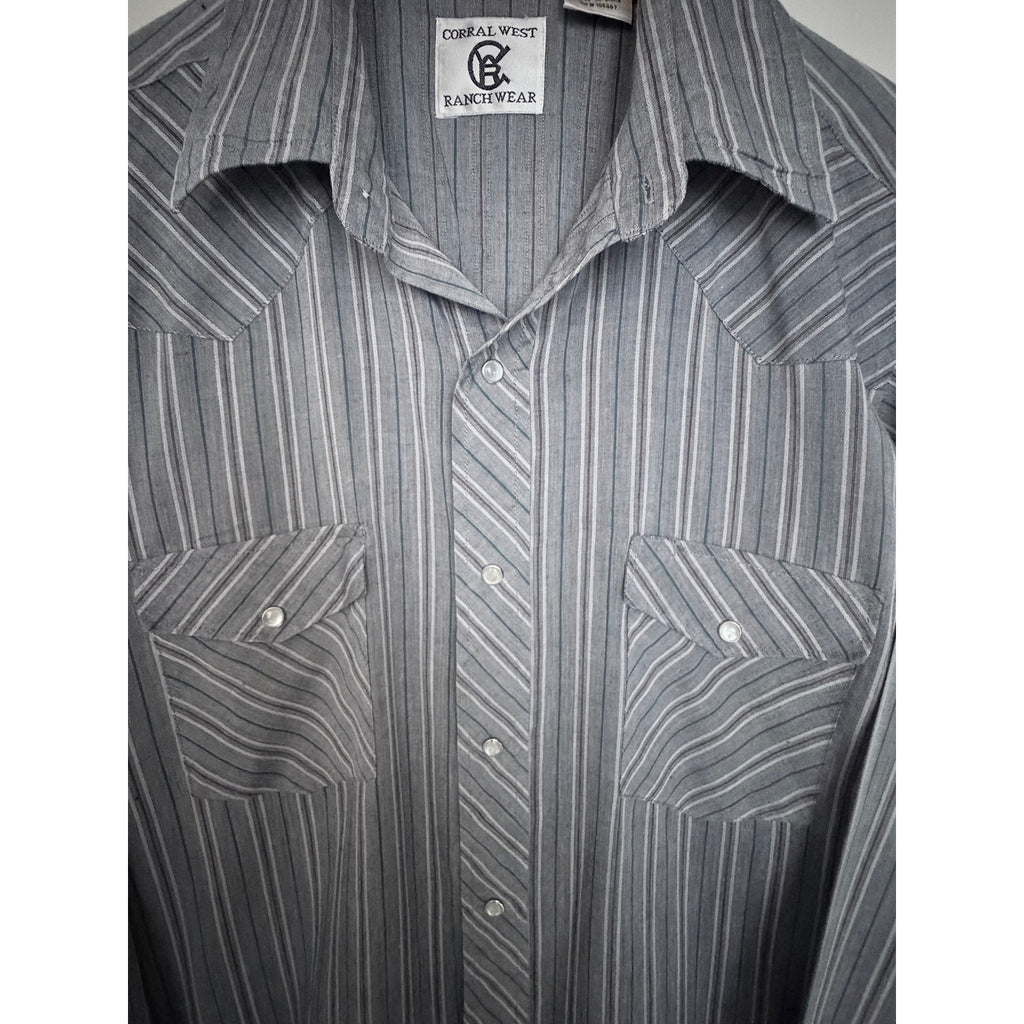 Corral West Ranchwear Striped Pearl Snap Western Shirt Mens LT Gray Cowboy