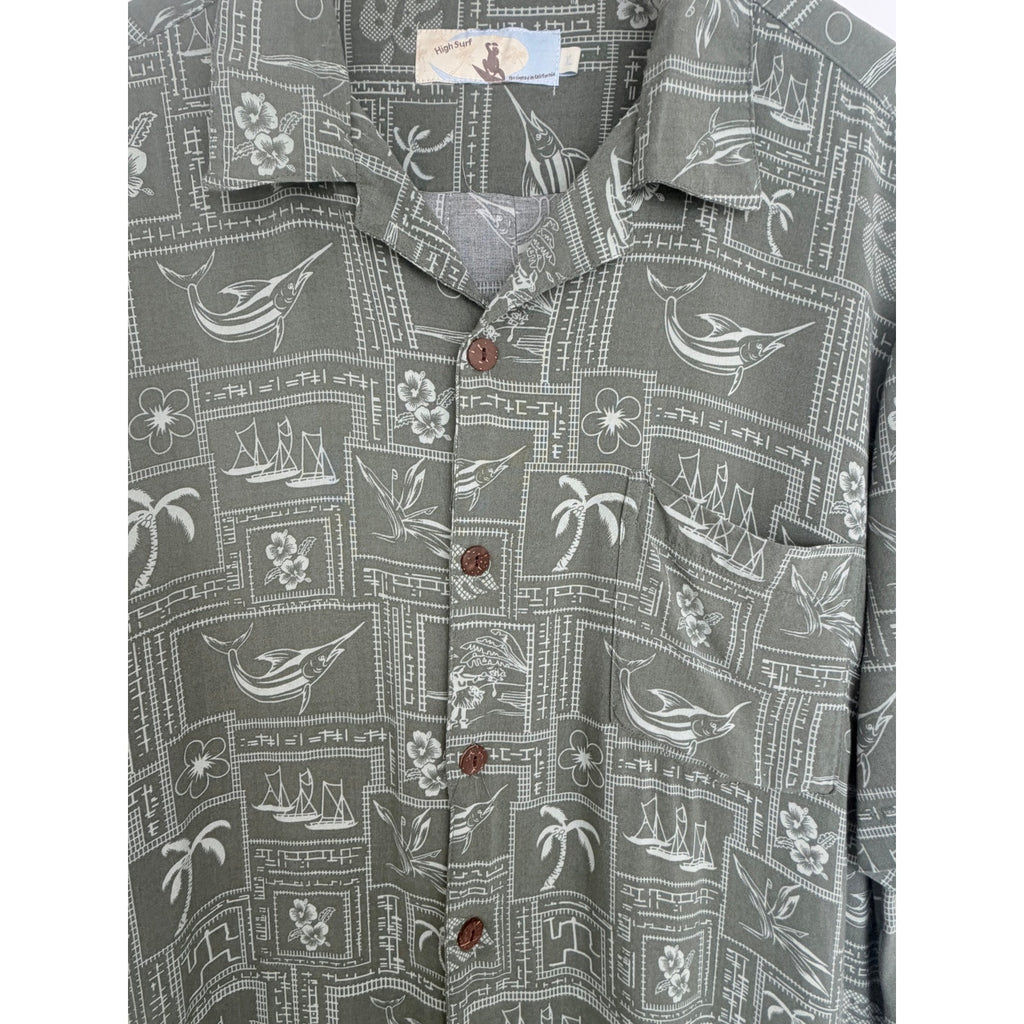 High Surf Hawaiian Shirt Mens XL Green Tropical Button Up Aloha