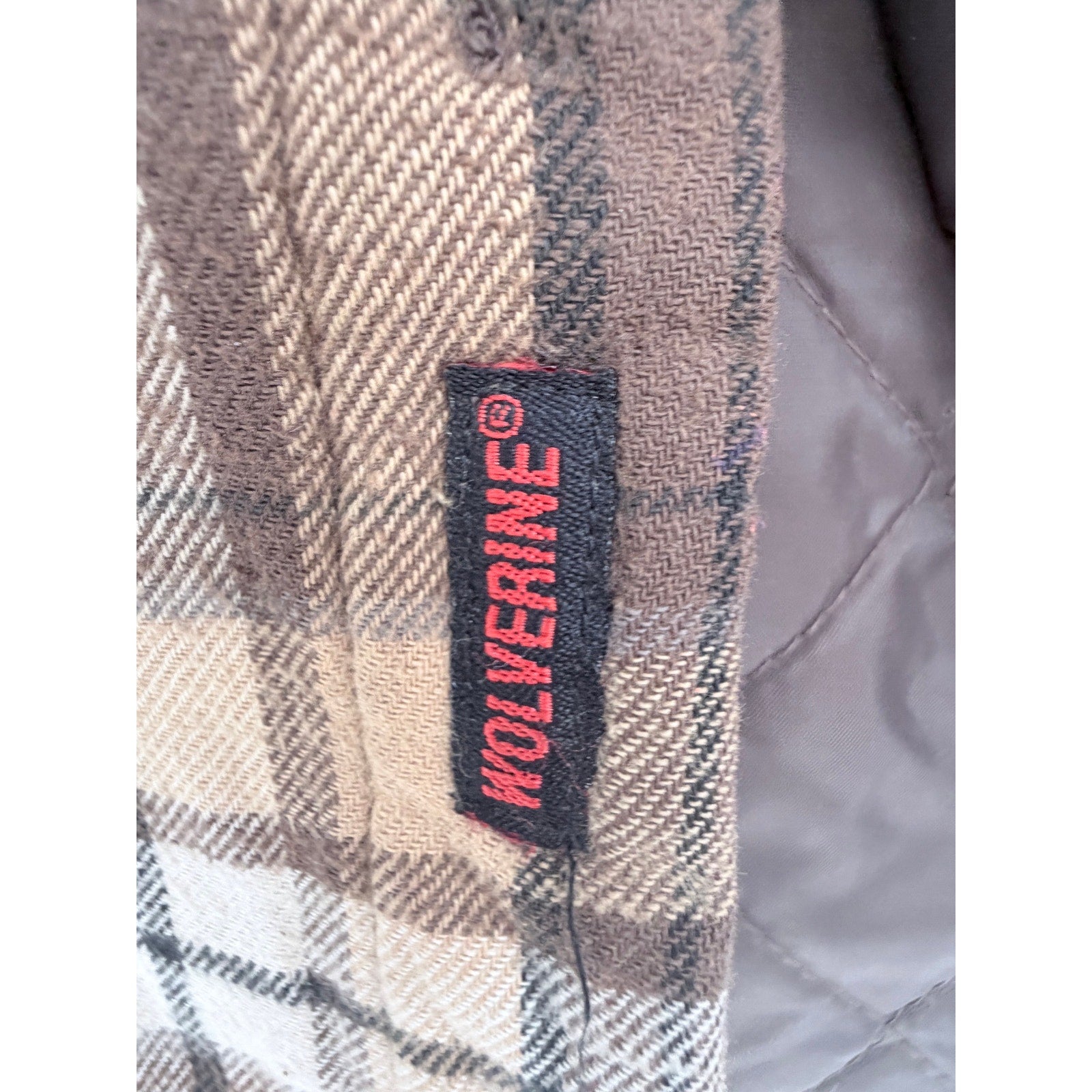 Wolverine Flannel Shirt Jacket Mens Large Brown Plaid Quilted Lined Shacket