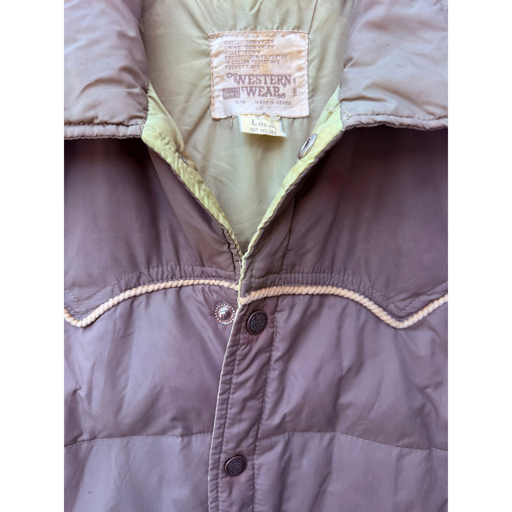 Western Wear Down Puffer Vest Mens L Brown Snap Front Vintage