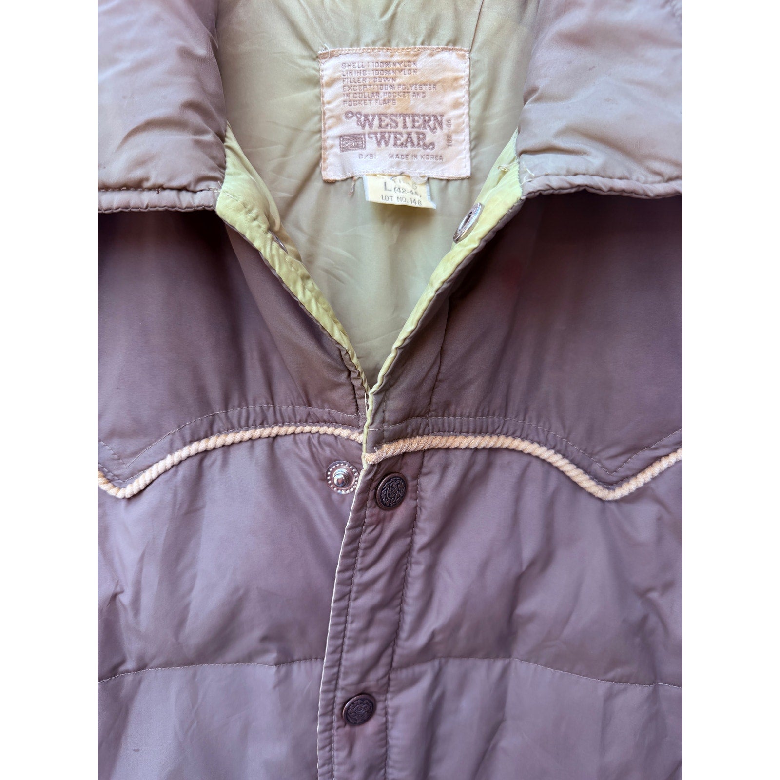 Western Wear Down Puffer Vest Mens L Brown Snap Front Vintage