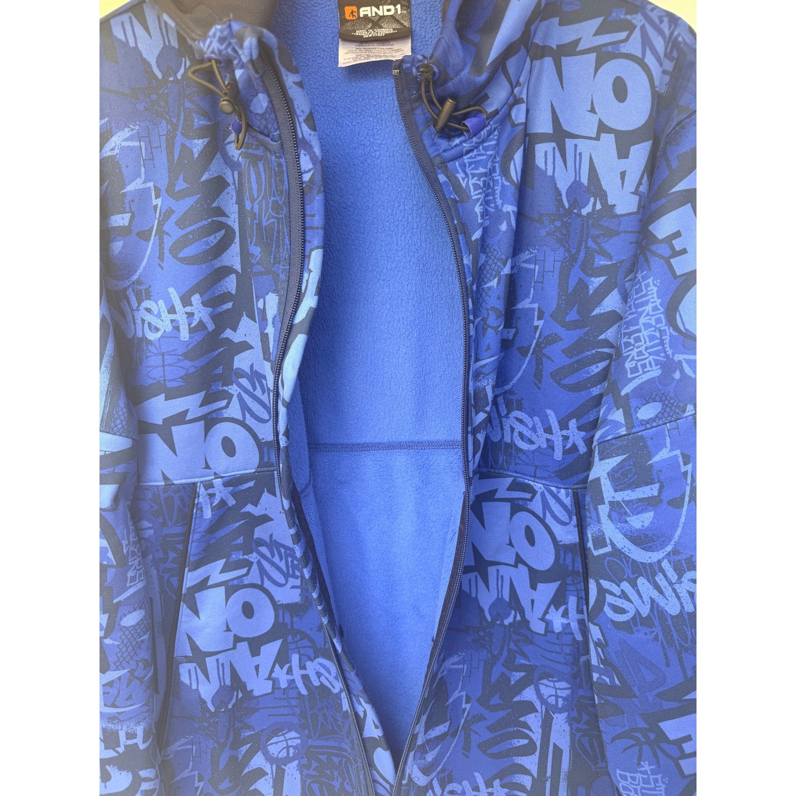 AND1 Zip Up Hoodie Jacket Mens Medium Blue Black Graphic Print Streetwear